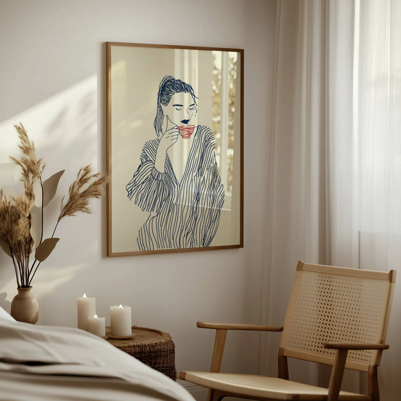 minimalist line art woman drinking coffee wall art, above a woven side table with lit candles and pampas grass
