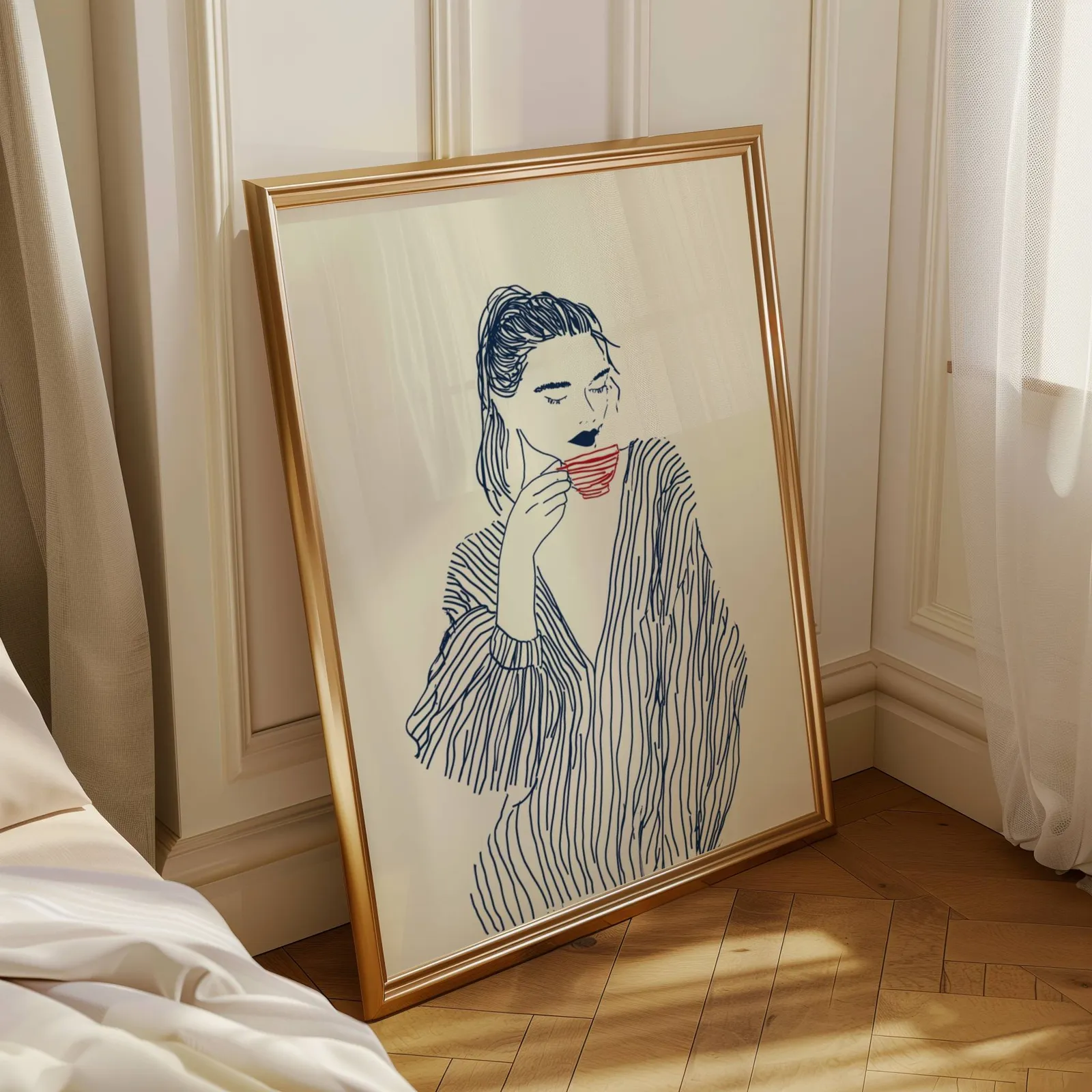 minimalist line art woman drinking coffee wall art, leaning in a sunlit corner beside sheer curtains and herringbone floor