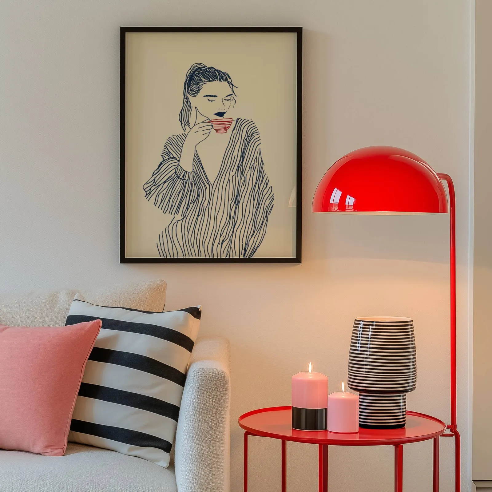 minimalist line art woman drinking coffee wall art, above a cream sofa beside a glossy red dome lamp