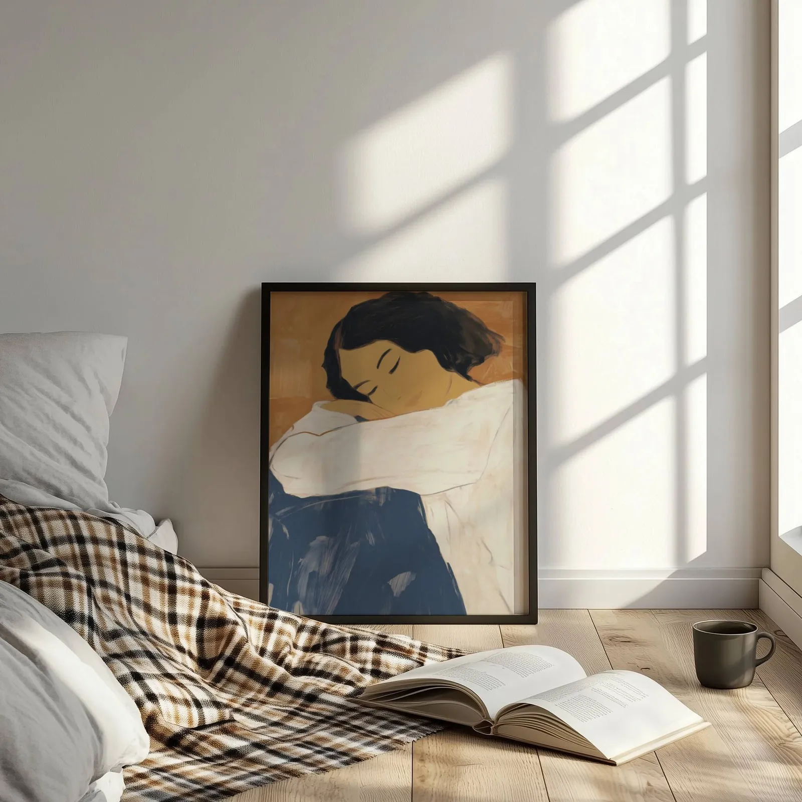 abstract woman wall art in blue and terracotta, leaning on the floor beside a plaid throw and open book