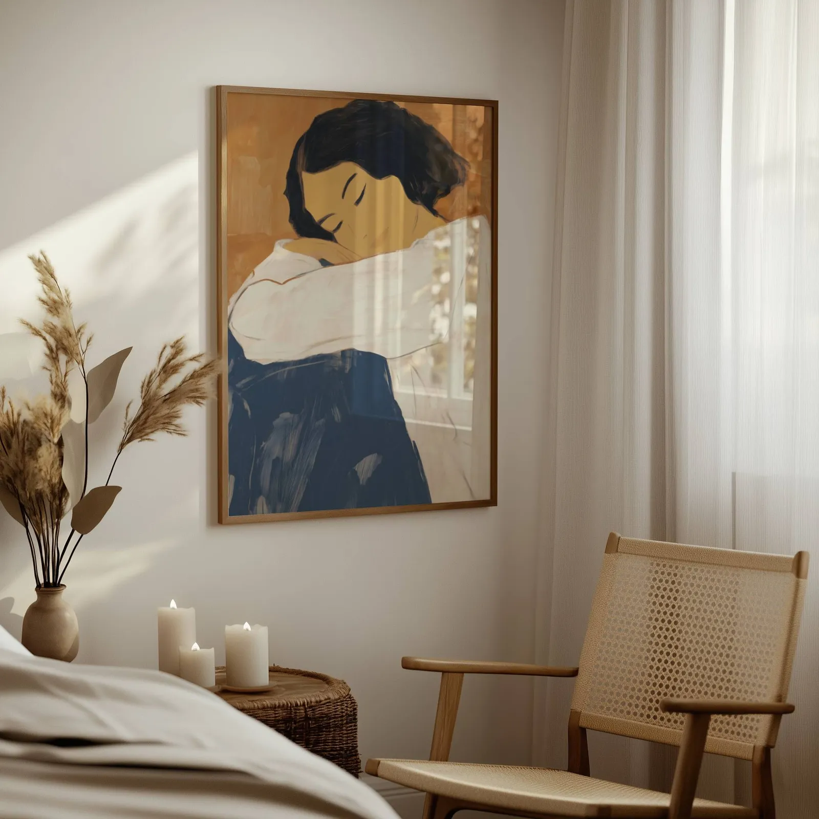 abstract woman wall art in blue and terracotta, above a woven side table with lit candles and pampas grass