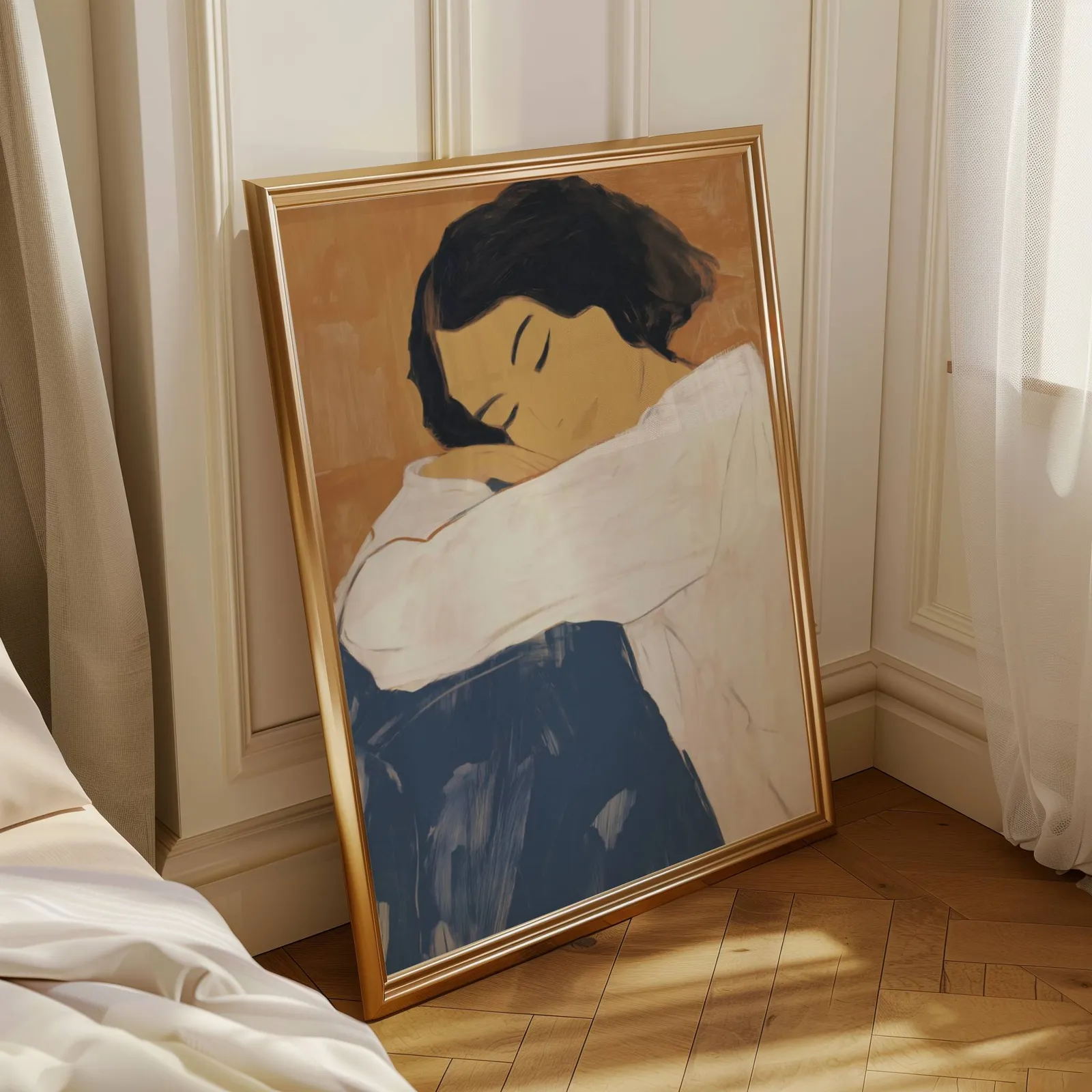 abstract woman wall art in blue and terracotta, leaning in a sunlit corner beside sheer curtains and herringbone floor