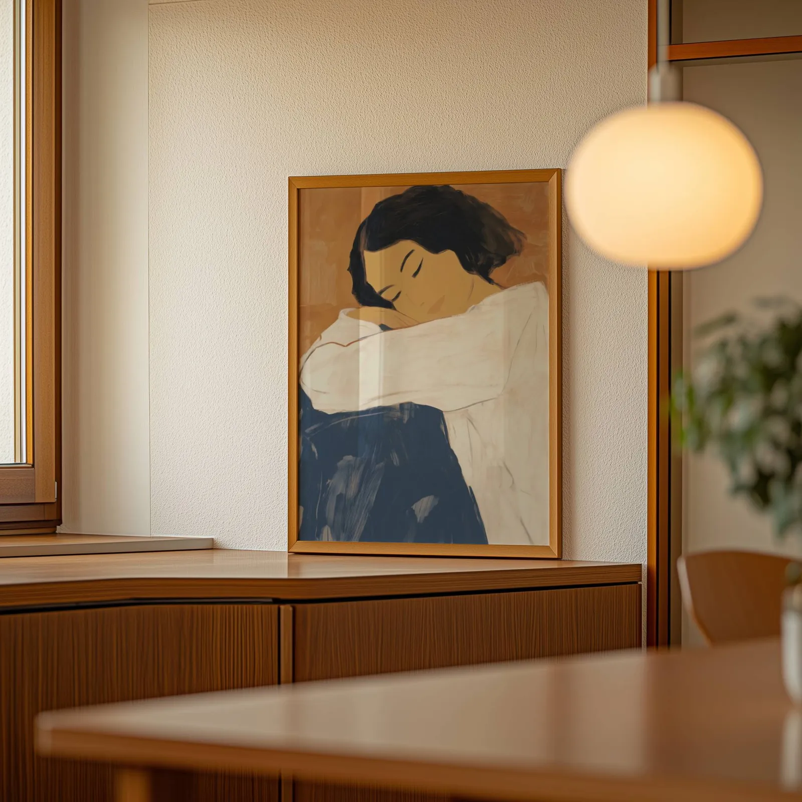 abstract woman wall art in blue and terracotta, leaning on a wooden sideboard beside a glowing globe pendant
