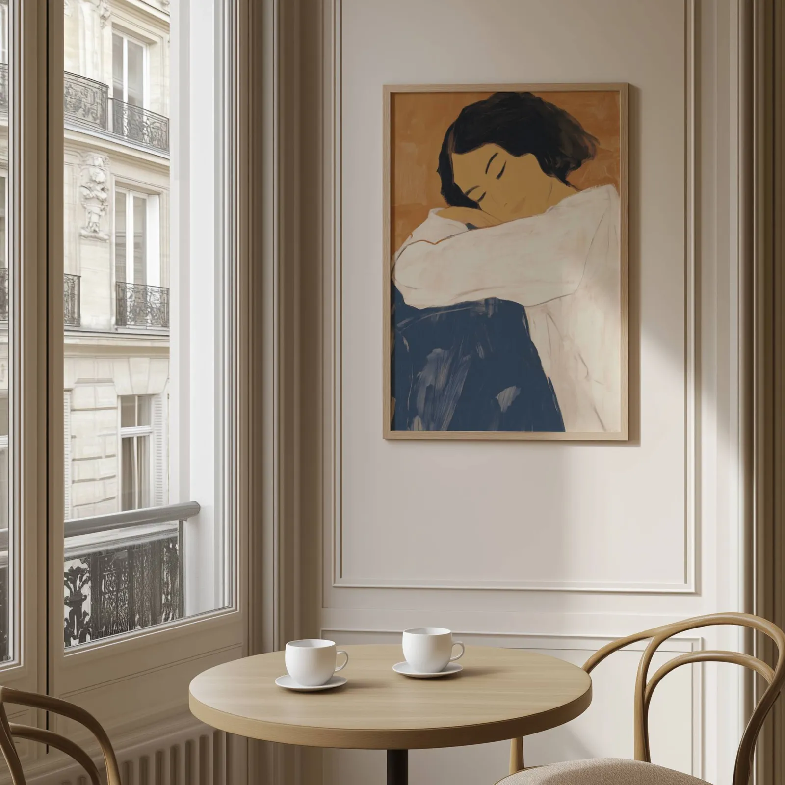 abstract woman wall art in blue and terracotta, above a round café table set with two coffee cups