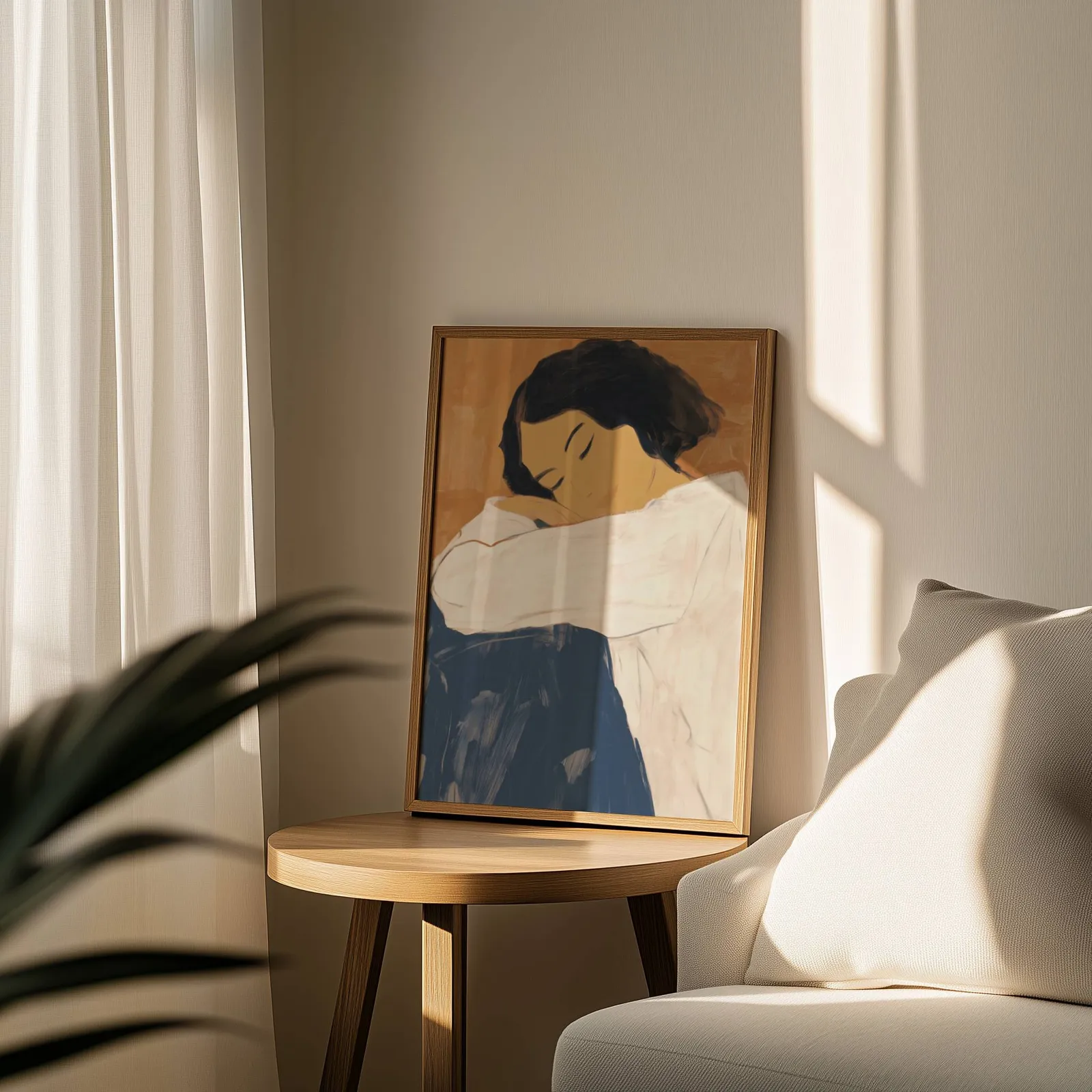 abstract woman wall art in blue and terracotta, leaning on a round wooden side table by a sheer curtain