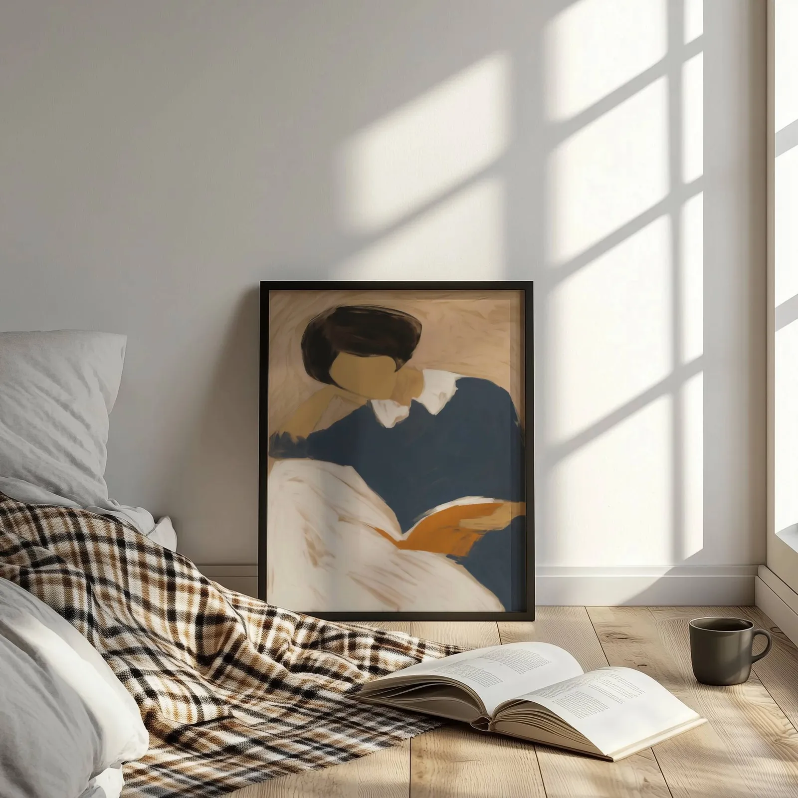 blue reading figure minimalist wall art, leaning on the floor beside a plaid throw and open book