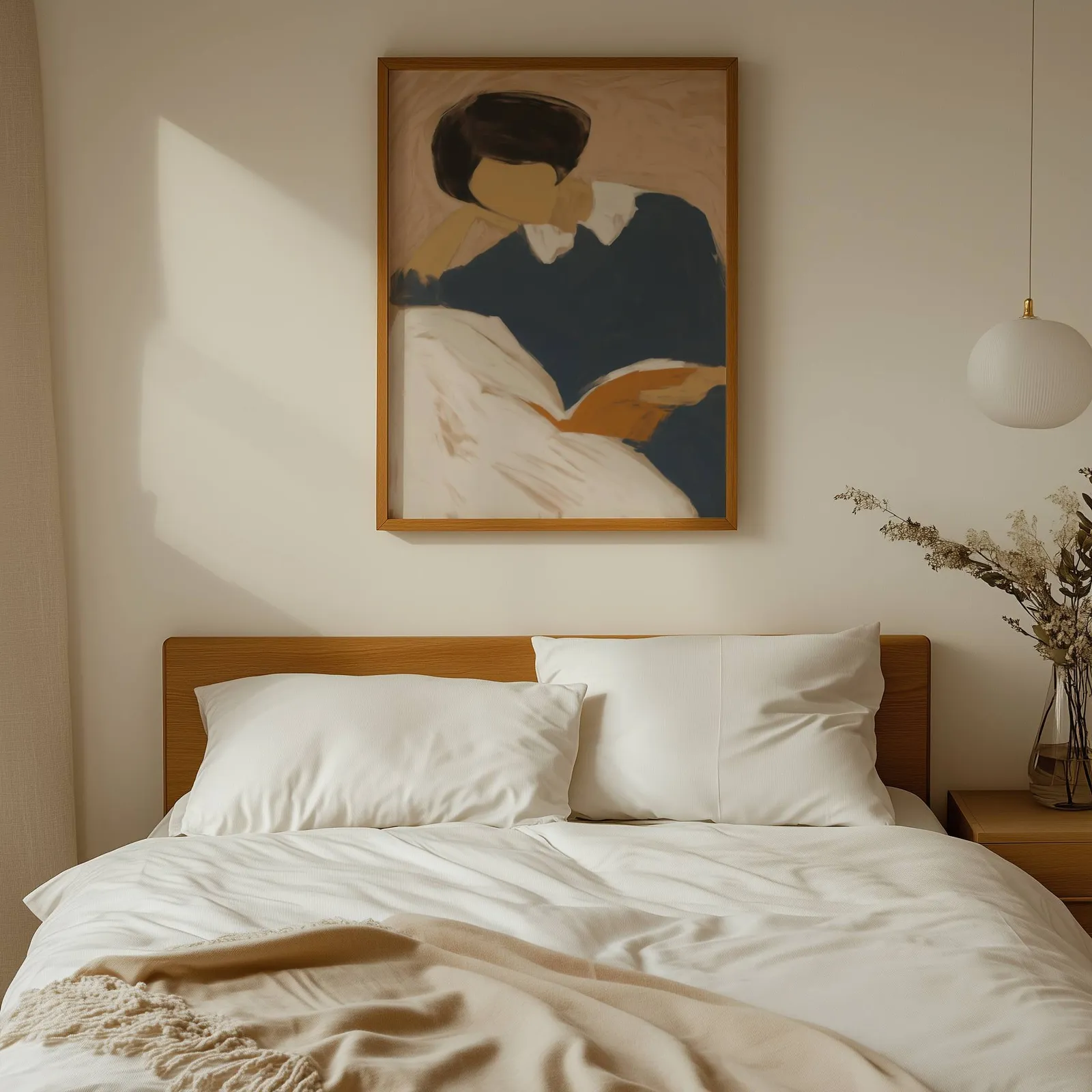 blue reading figure minimalist wall art, above a wooden headboard with white linen pillows