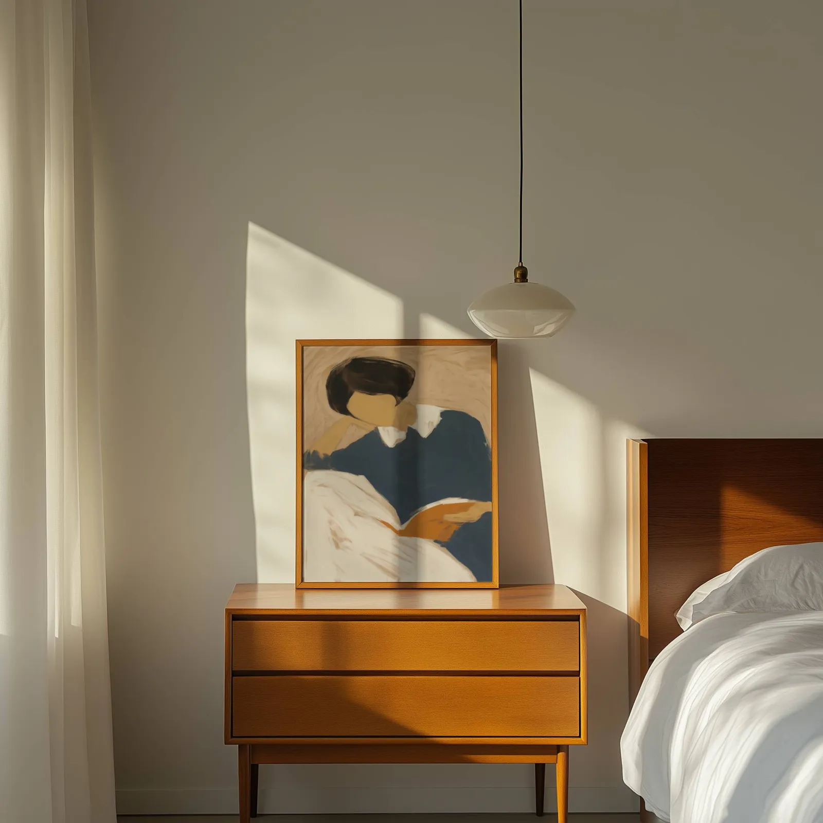 blue reading figure minimalist wall art, propped on a wooden dresser beside a pendant lamp