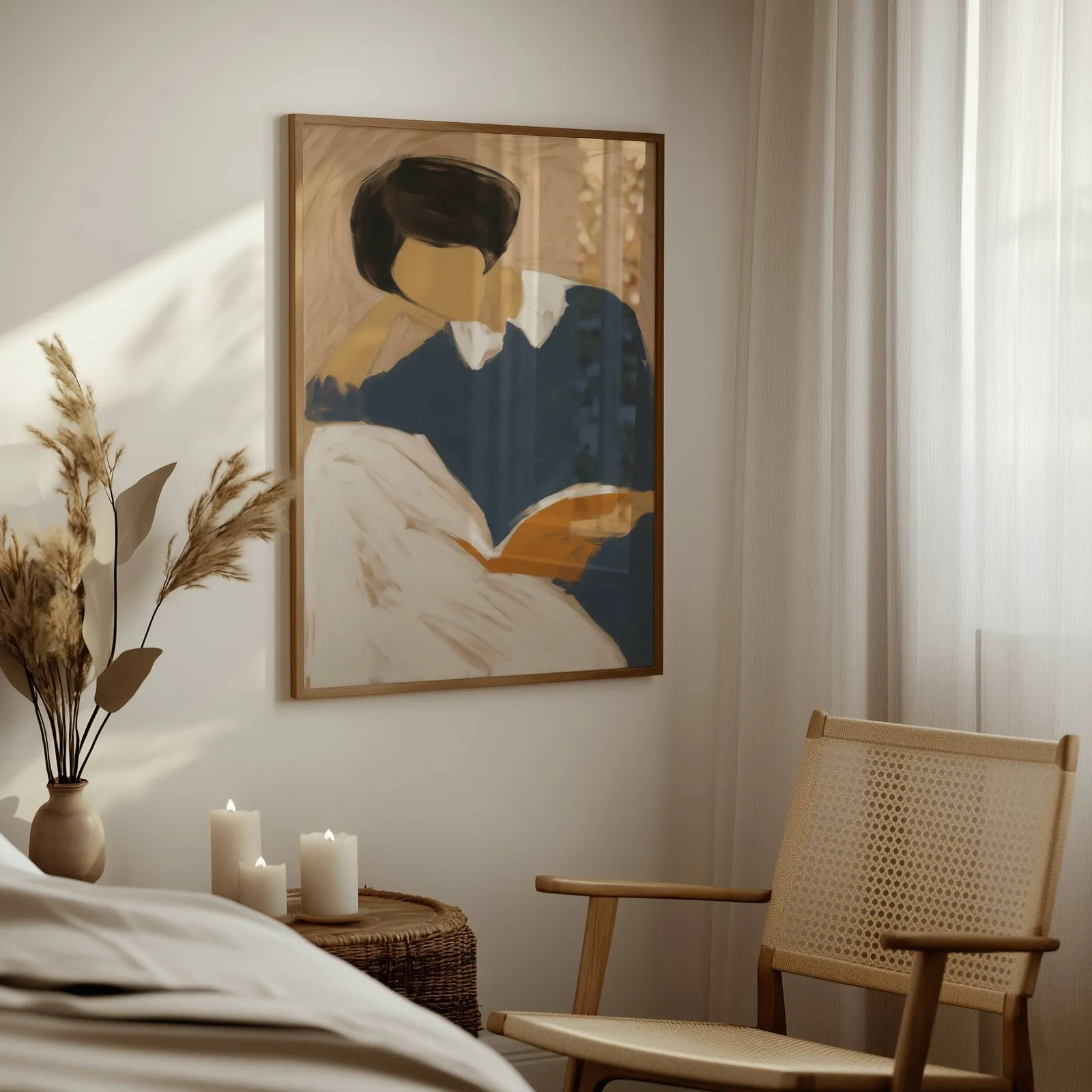 blue reading figure minimalist wall art, above a woven side table with lit candles and pampas grass
