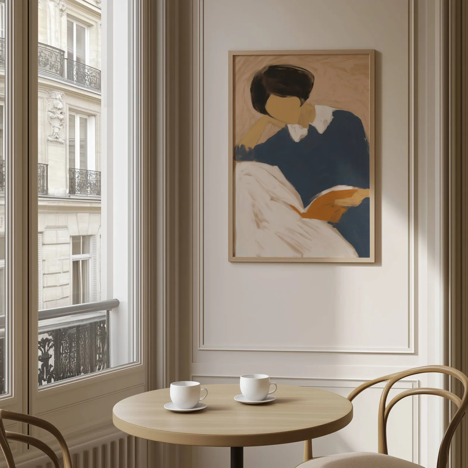 blue reading figure minimalist wall art, above a round café table set with two coffee cups