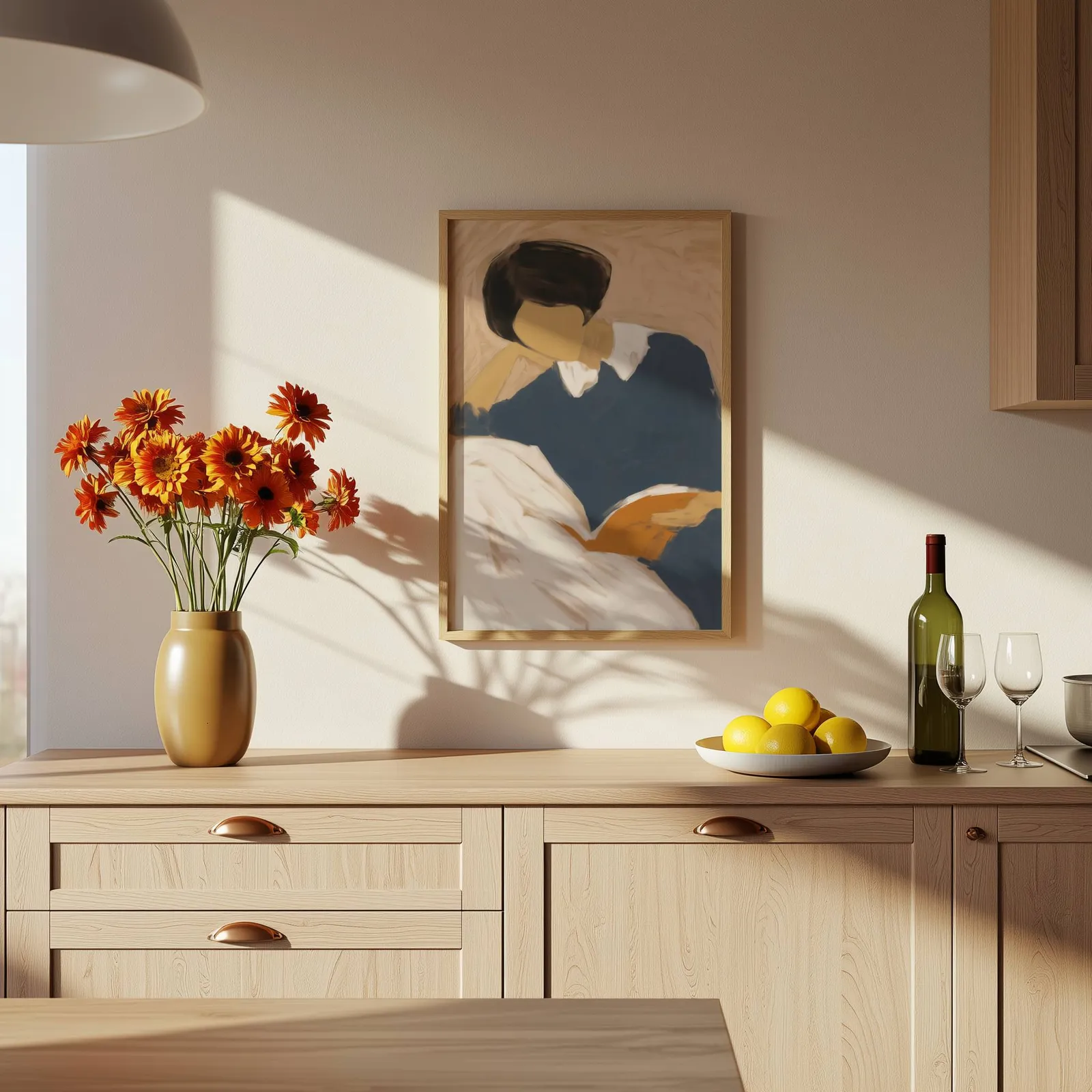 blue reading figure minimalist wall art, above a wooden counter with a bowl of lemons