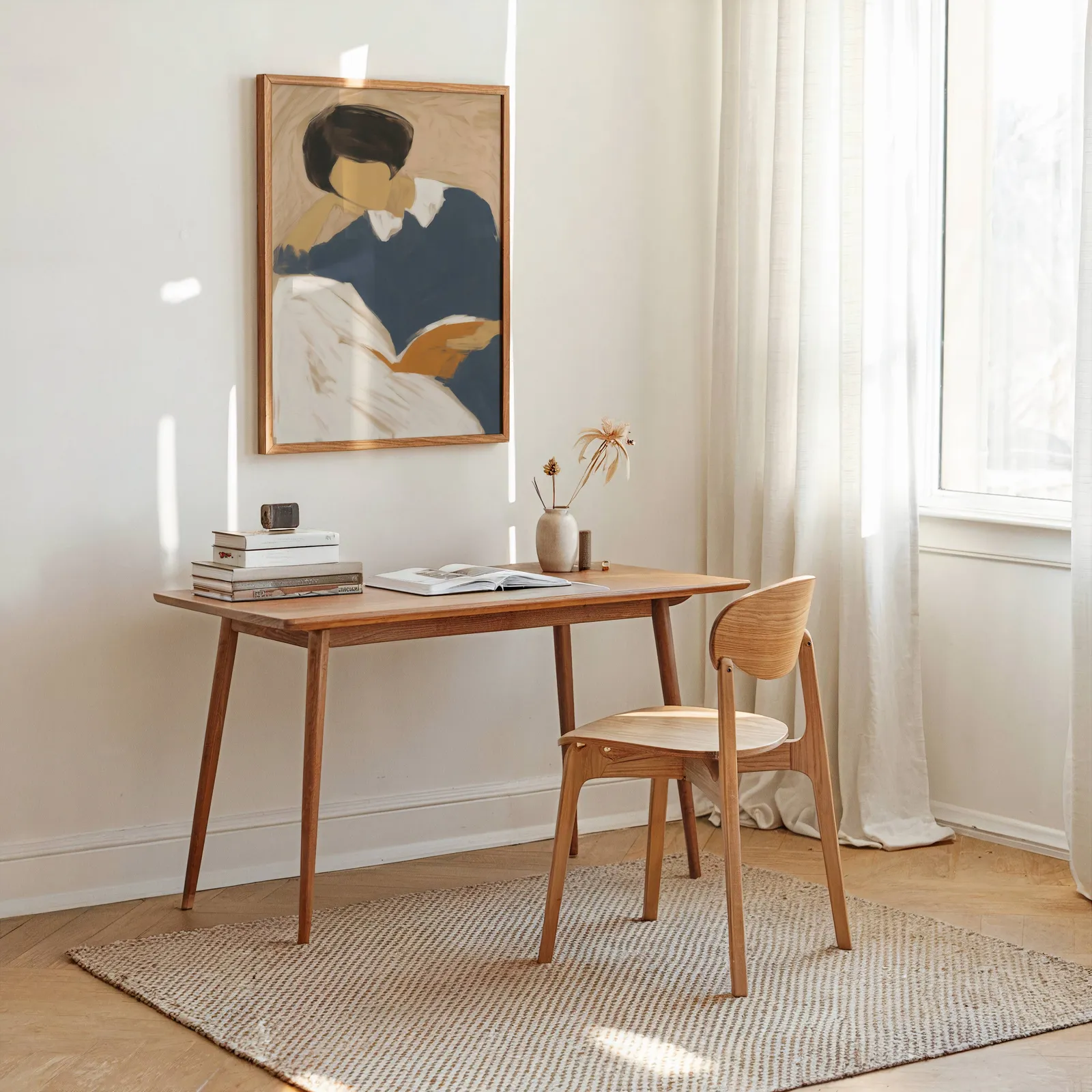 blue reading figure minimalist wall art, above a wooden desk stacked with books near a sunlit window