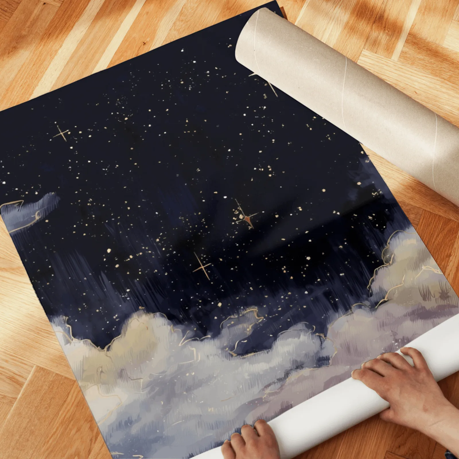 night sky clouds triptych wall art set, unrolled across a herringbone wood floor by hand