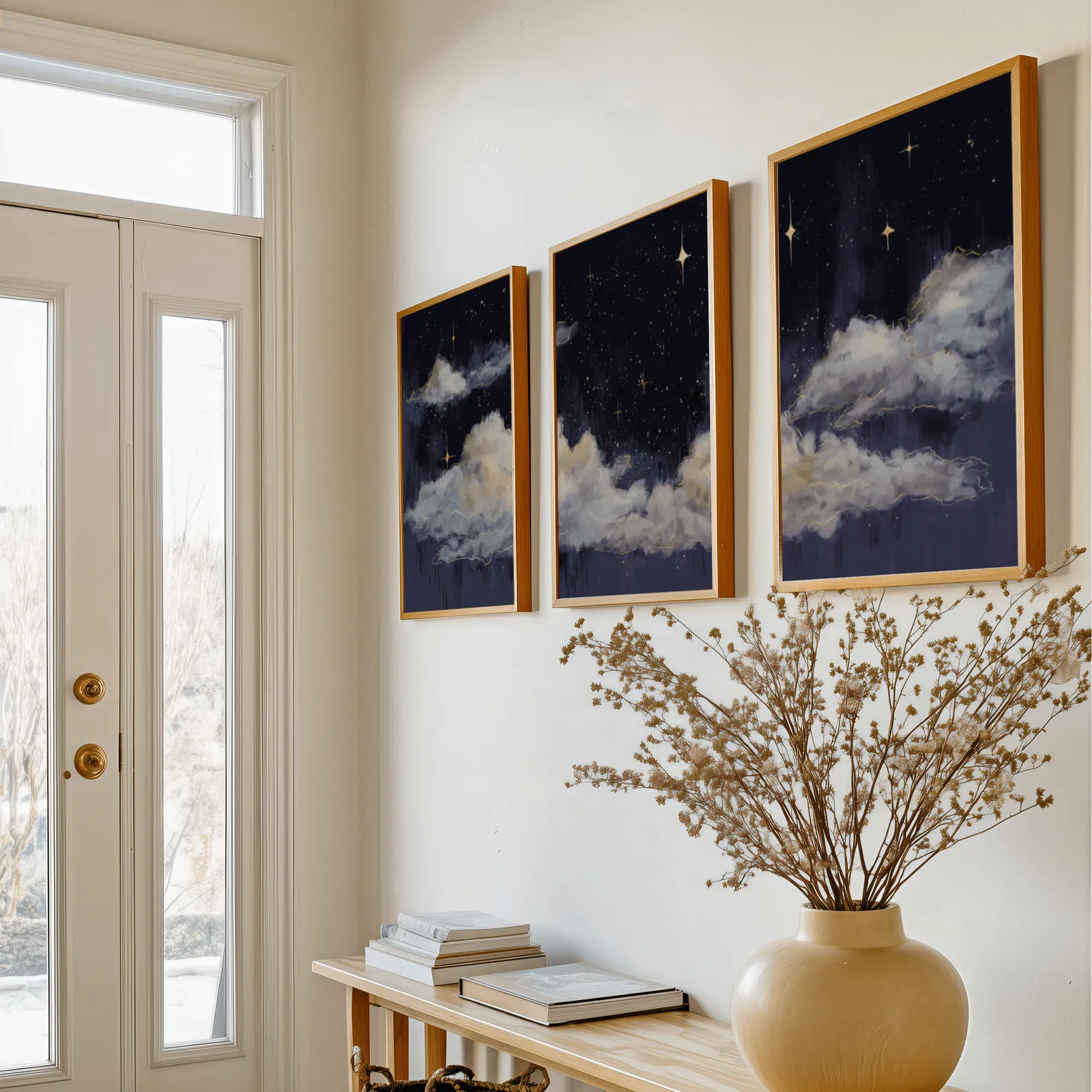 night sky clouds triptych wall art set, above a console table with a yellow vase of dried branches