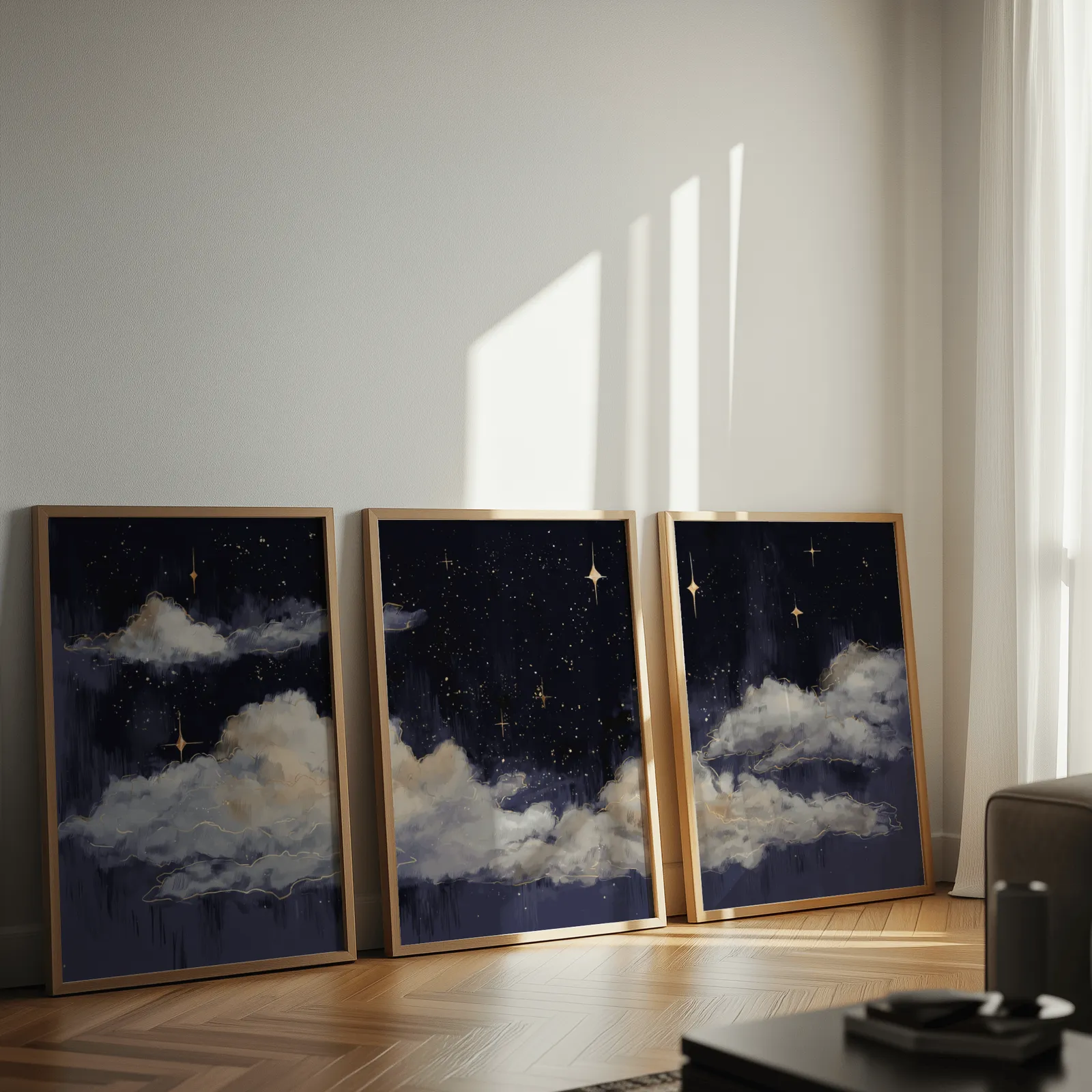 night sky clouds triptych wall art set, leaning against a sunlit wall on herringbone flooring