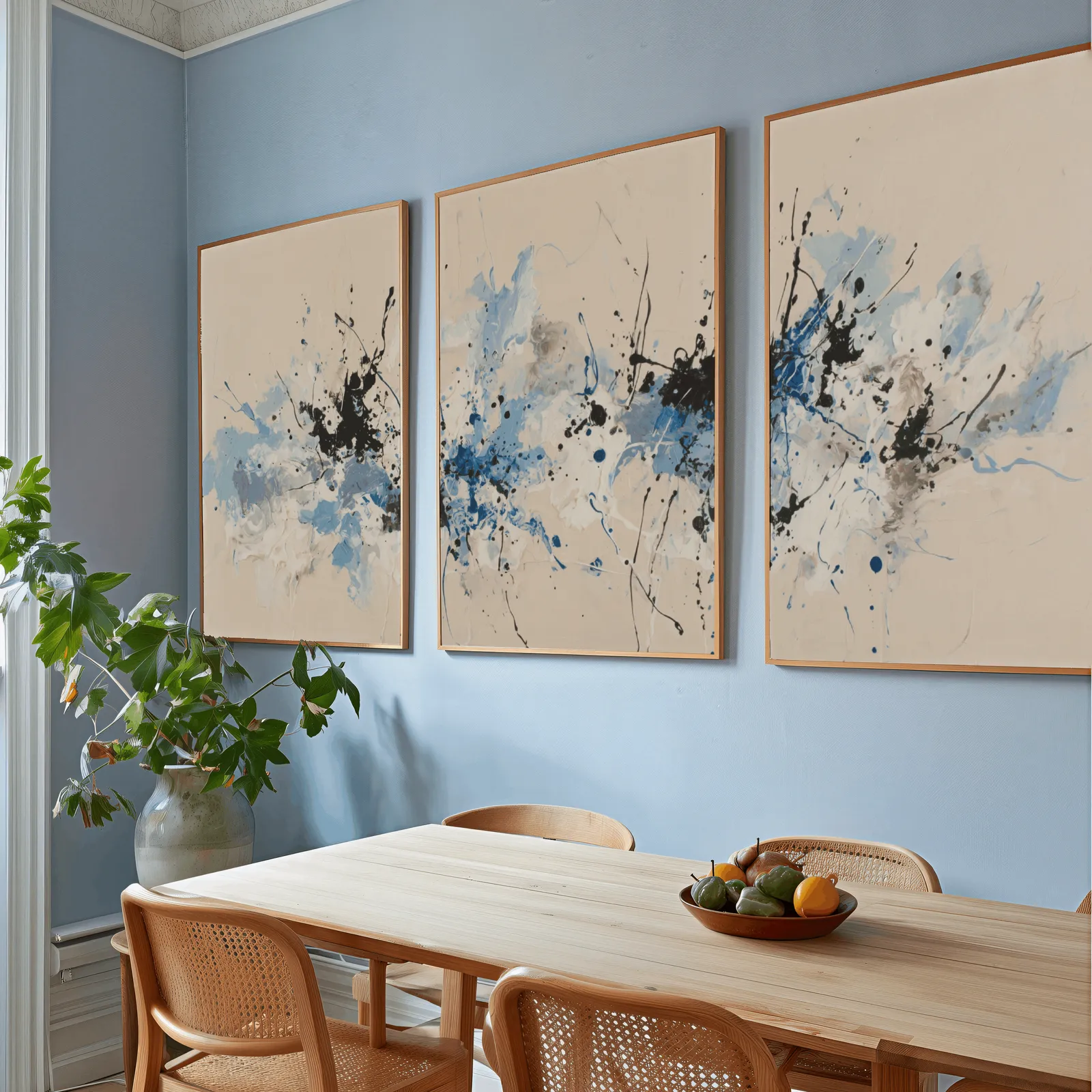blue and black abstract splatter triptych wall art, above a wooden dining table with cane chairs and a fruit bowl