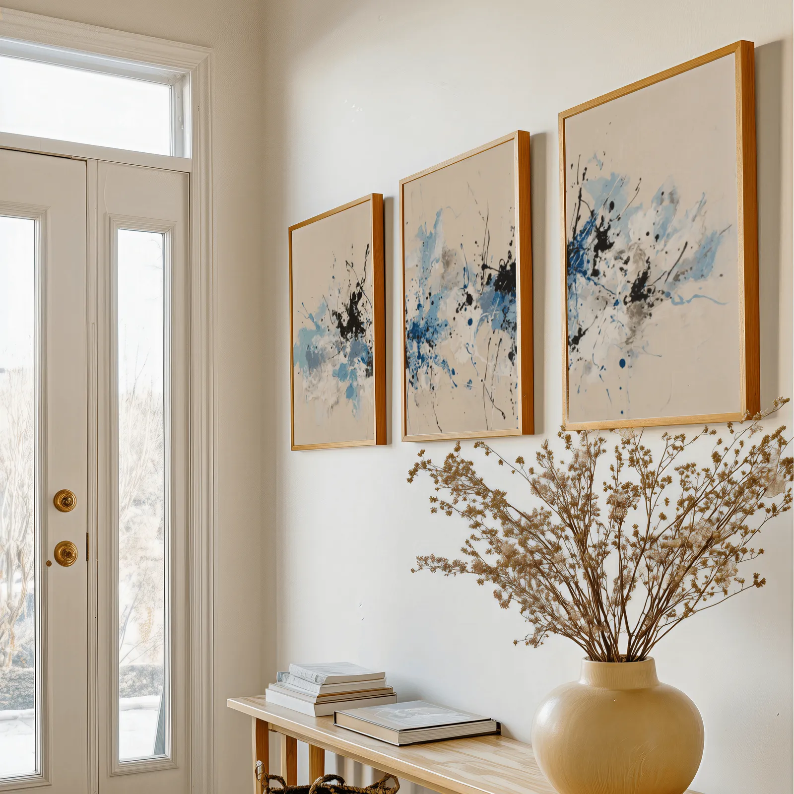 blue and black abstract splatter triptych wall art, above a console table with a yellow vase of dried branches
