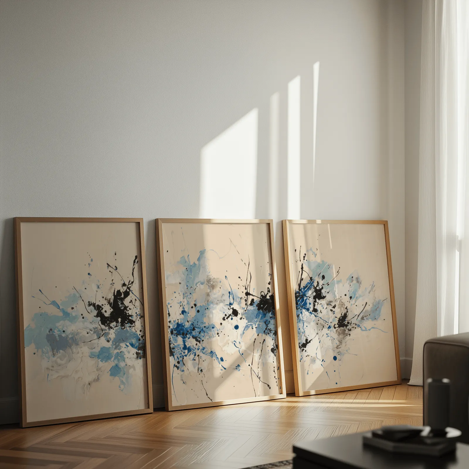 blue and black abstract splatter triptych wall art, leaning against a sunlit wall on herringbone flooring