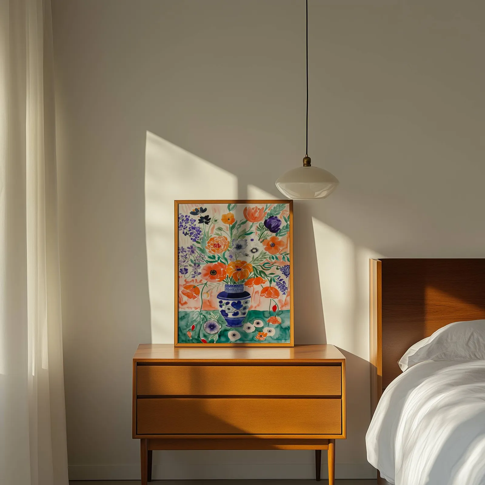 colorful floral wall art with blue vase, propped on a wooden dresser beside a pendant lamp