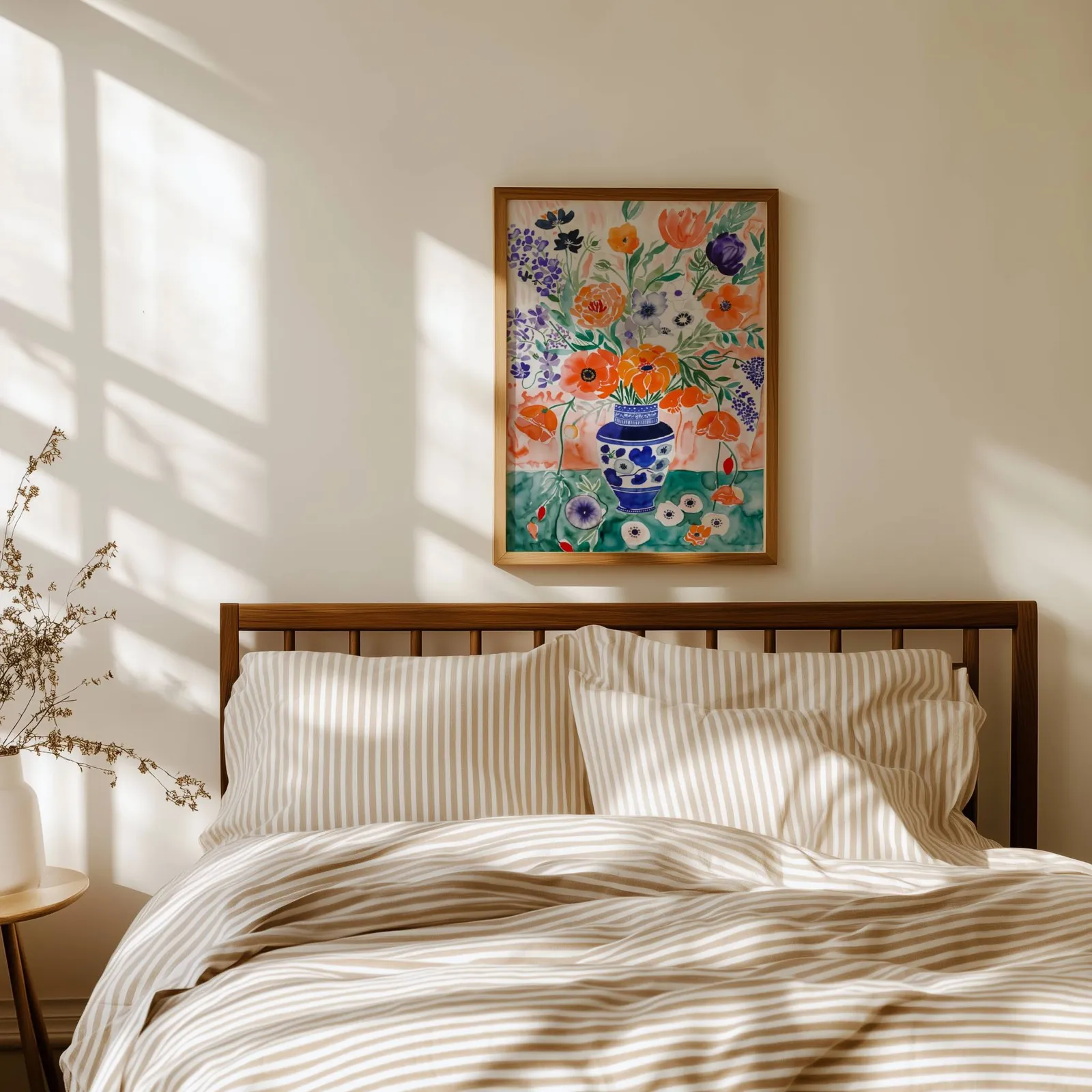 colorful floral wall art with blue vase, above a spindle headboard with striped linen bedding