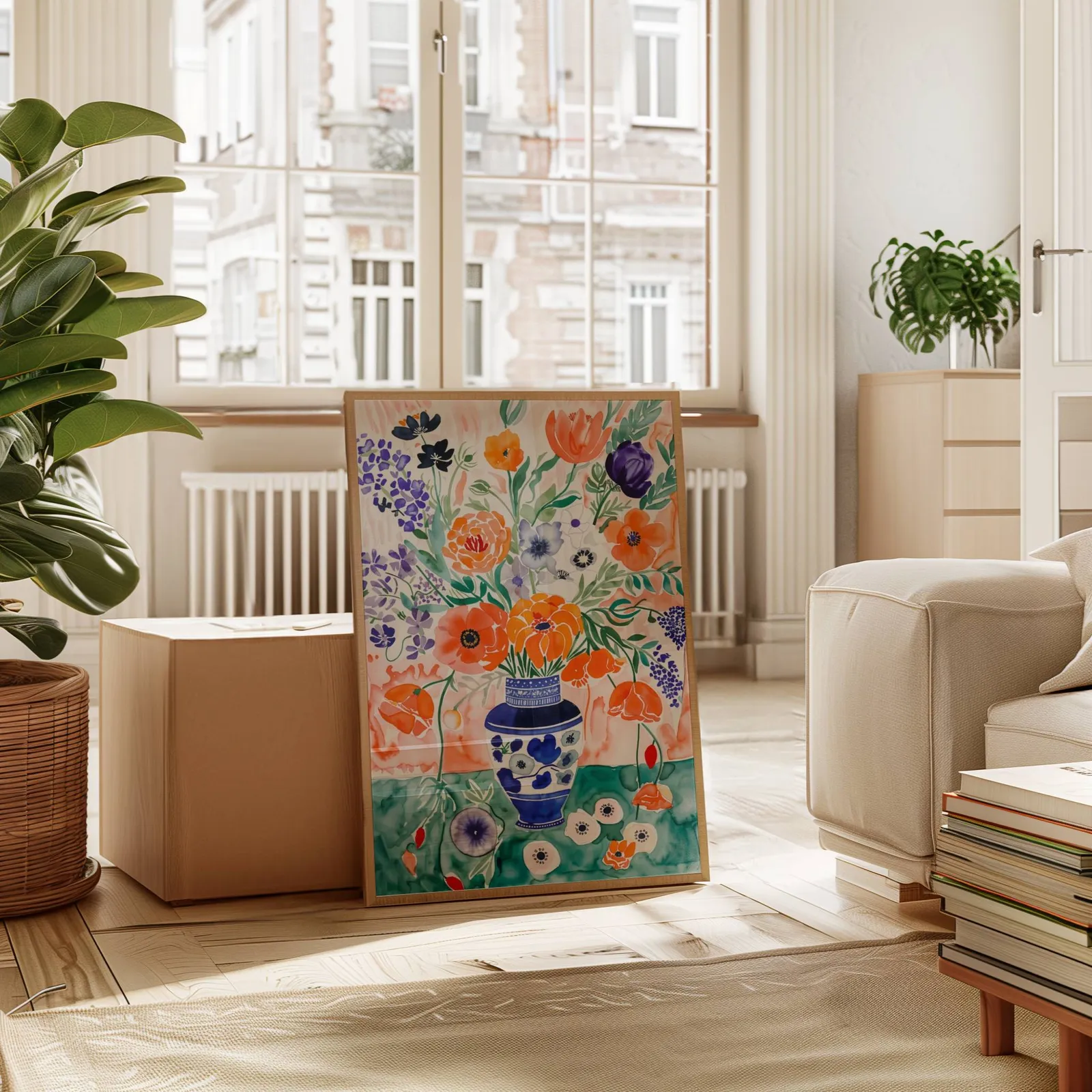 colorful floral wall art with blue vase, leaning against a cardboard box near a tall window radiator