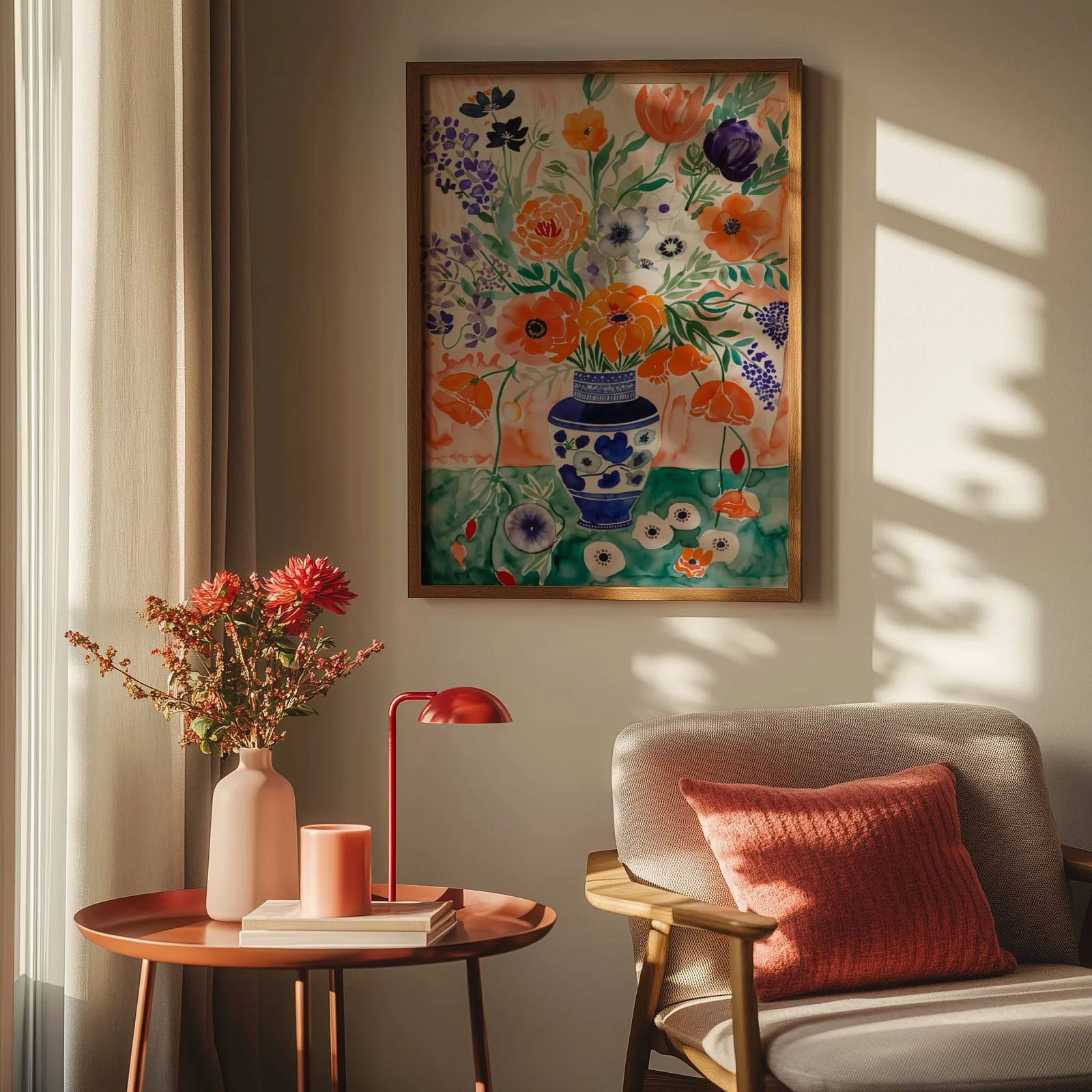 colorful floral wall art with blue vase, above a round side table with a red lamp and dahlias