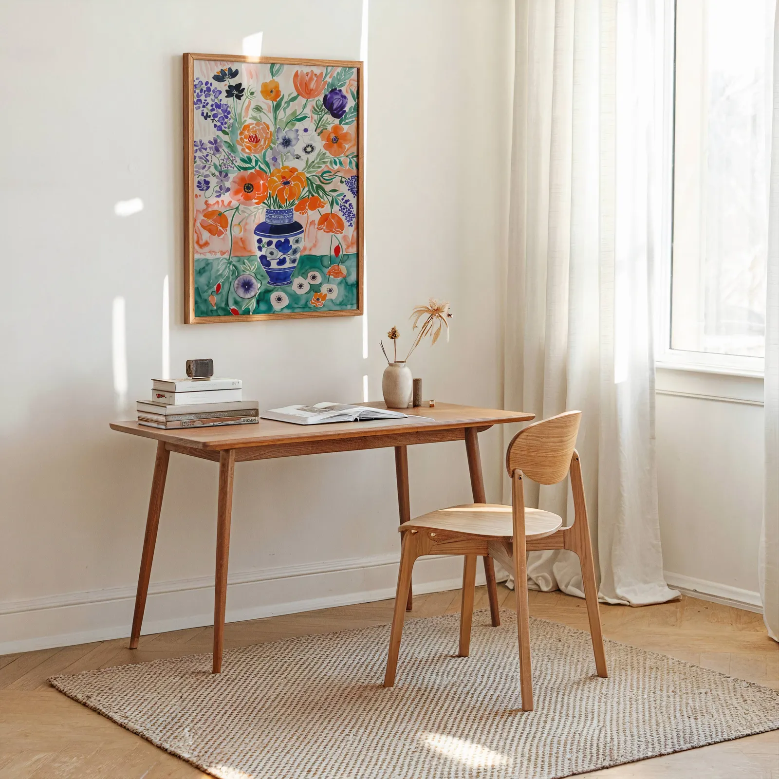 colorful floral wall art with blue vase, above a wooden desk stacked with books near a sunlit window
