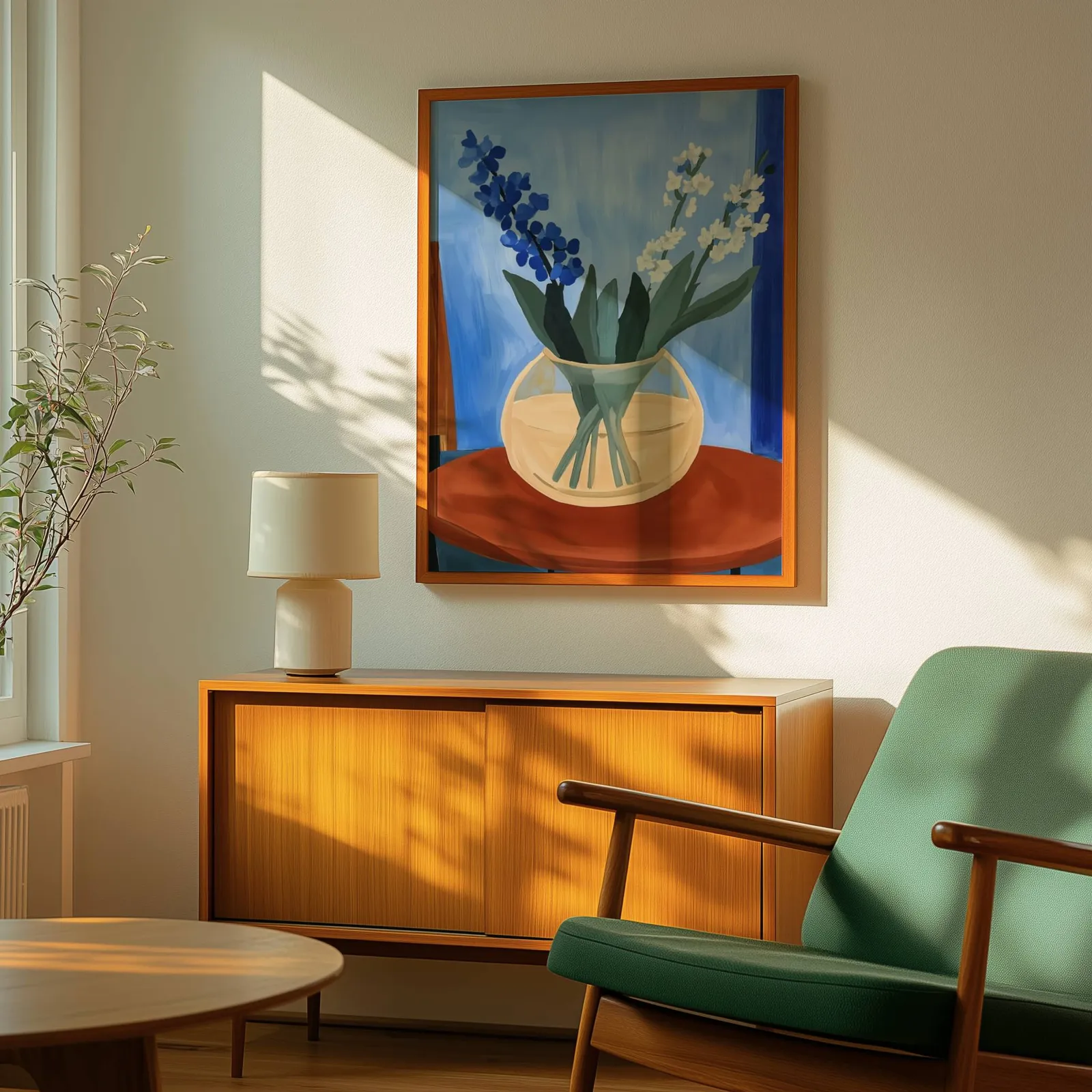 blue floral still life wall art in vase on terracotta table, above a wooden sideboard with a ceramic lamp and dappled sunlight