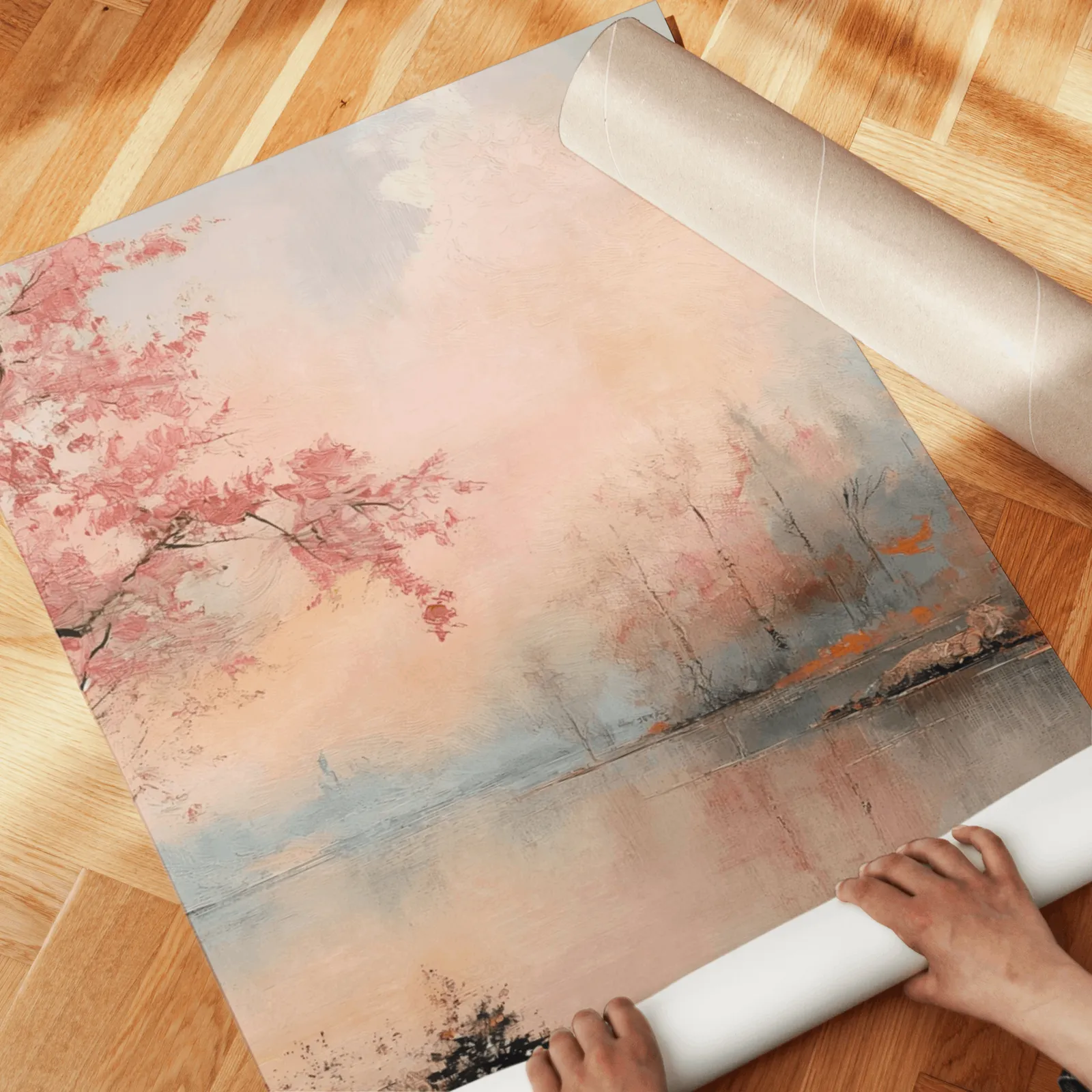 pink misty forest lakeside triptych wall art, unrolled across a herringbone wood floor by hand