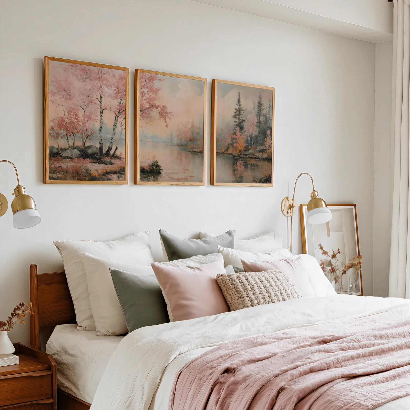 pink misty forest lakeside triptych wall art, in a row above a pink and cream bed with brass sconces