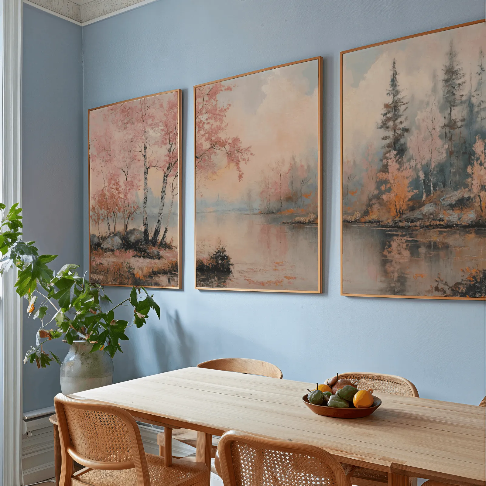 pink misty forest lakeside triptych wall art, above a wooden dining table with cane chairs and a fruit bowl