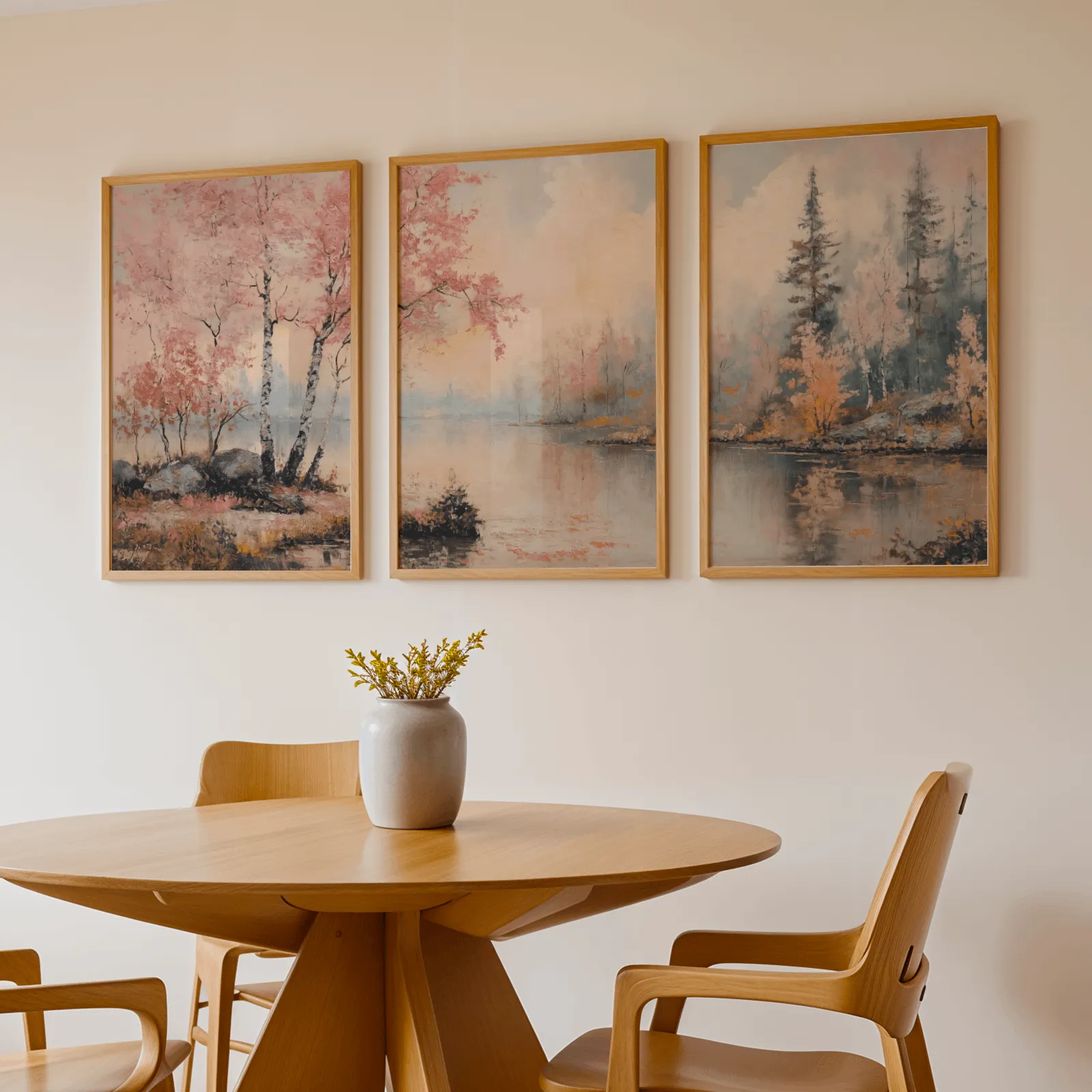 pink misty forest lakeside triptych wall art, above a round wooden table with a stoneware vase