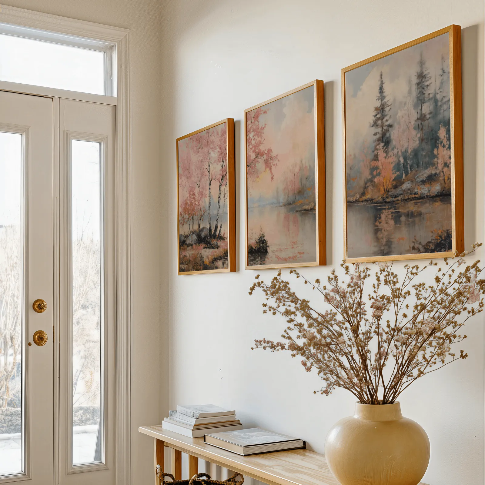 pink misty forest lakeside triptych wall art, above a console table with a yellow vase of dried branches