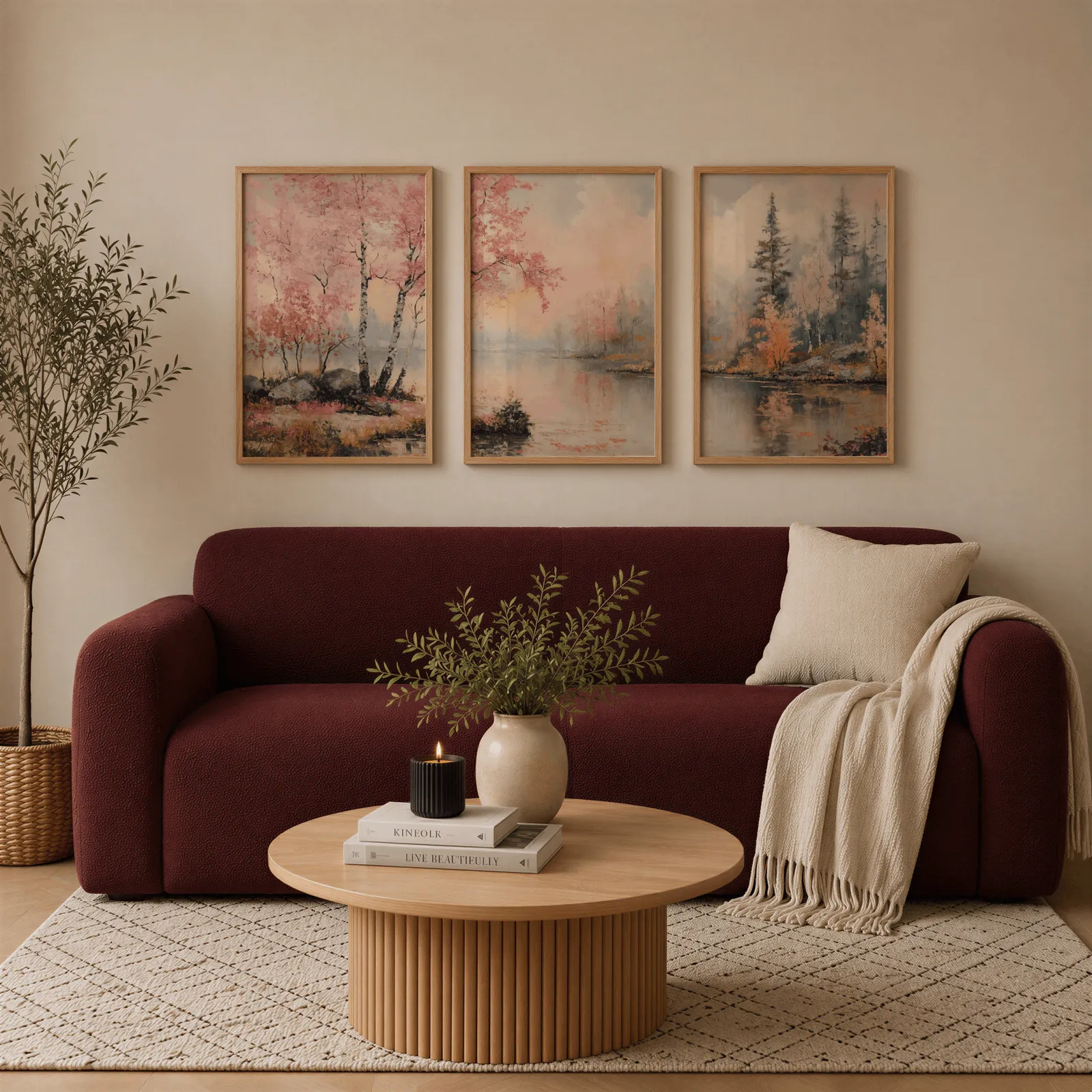 pink misty forest lakeside triptych wall art, above a burgundy boucle sofa with a cream throw