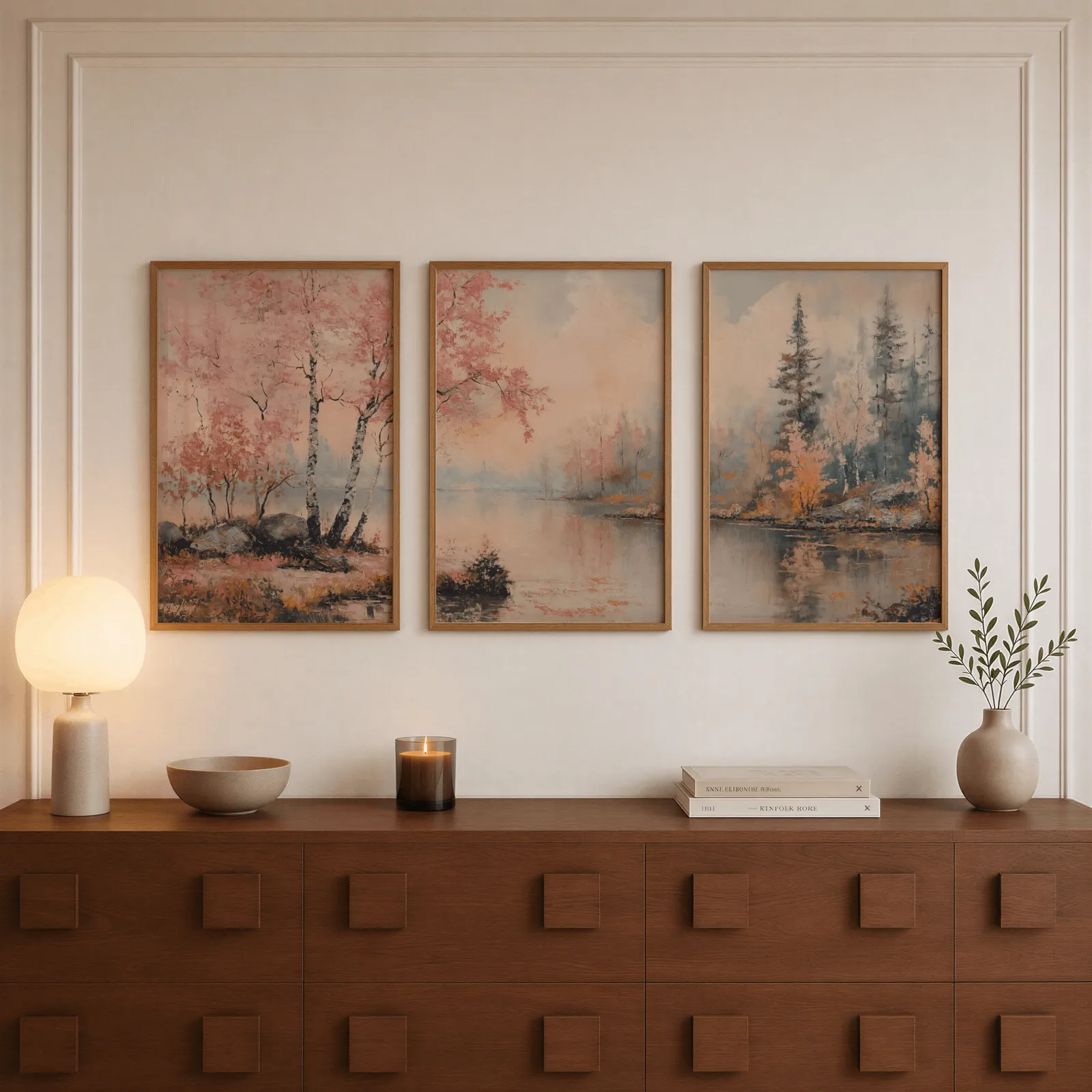 pink misty forest lakeside triptych wall art, above a walnut sideboard with a lit candle and glowing lamp