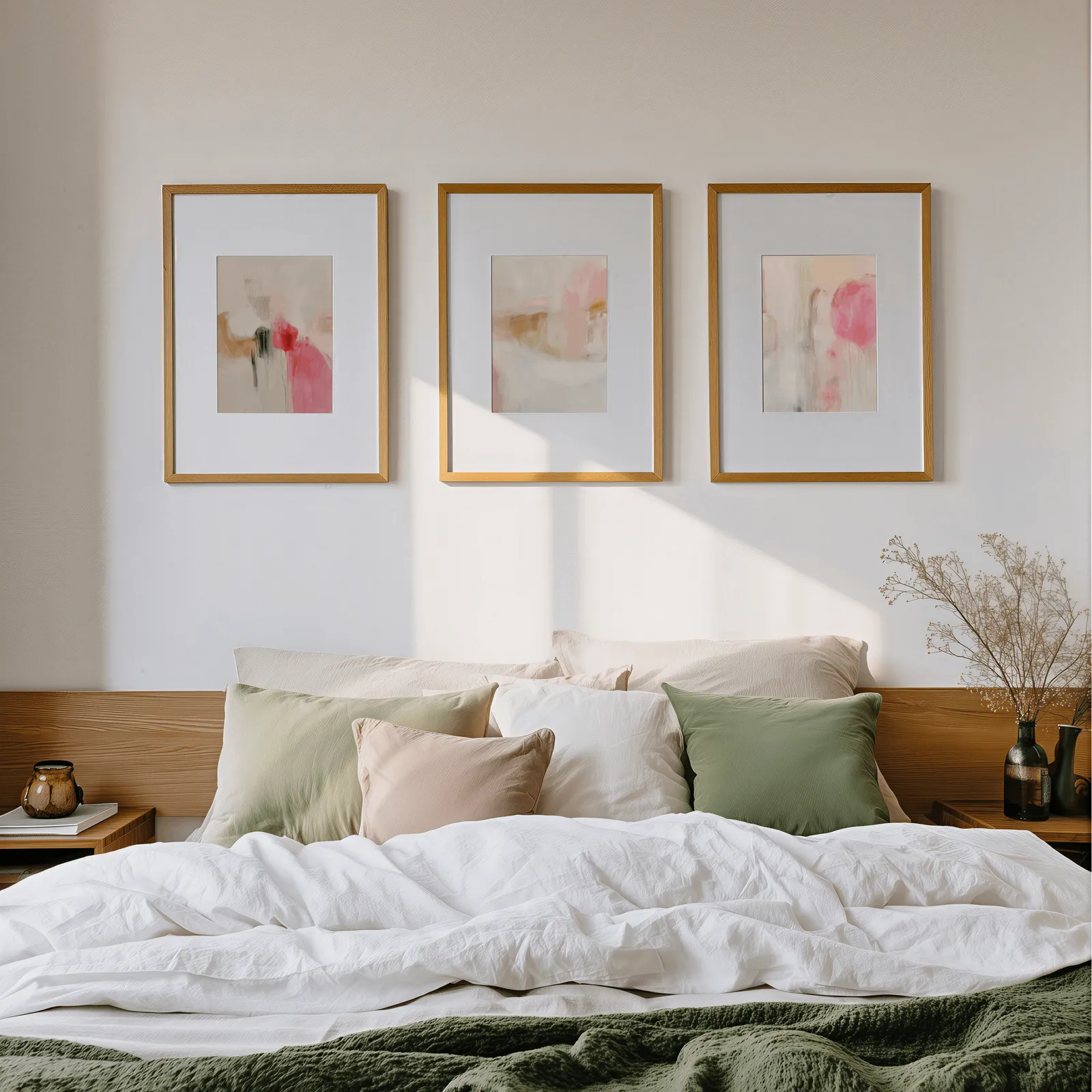pink abstract triptych wall art set, above a wooden headboard scattered with sage and blush pillows