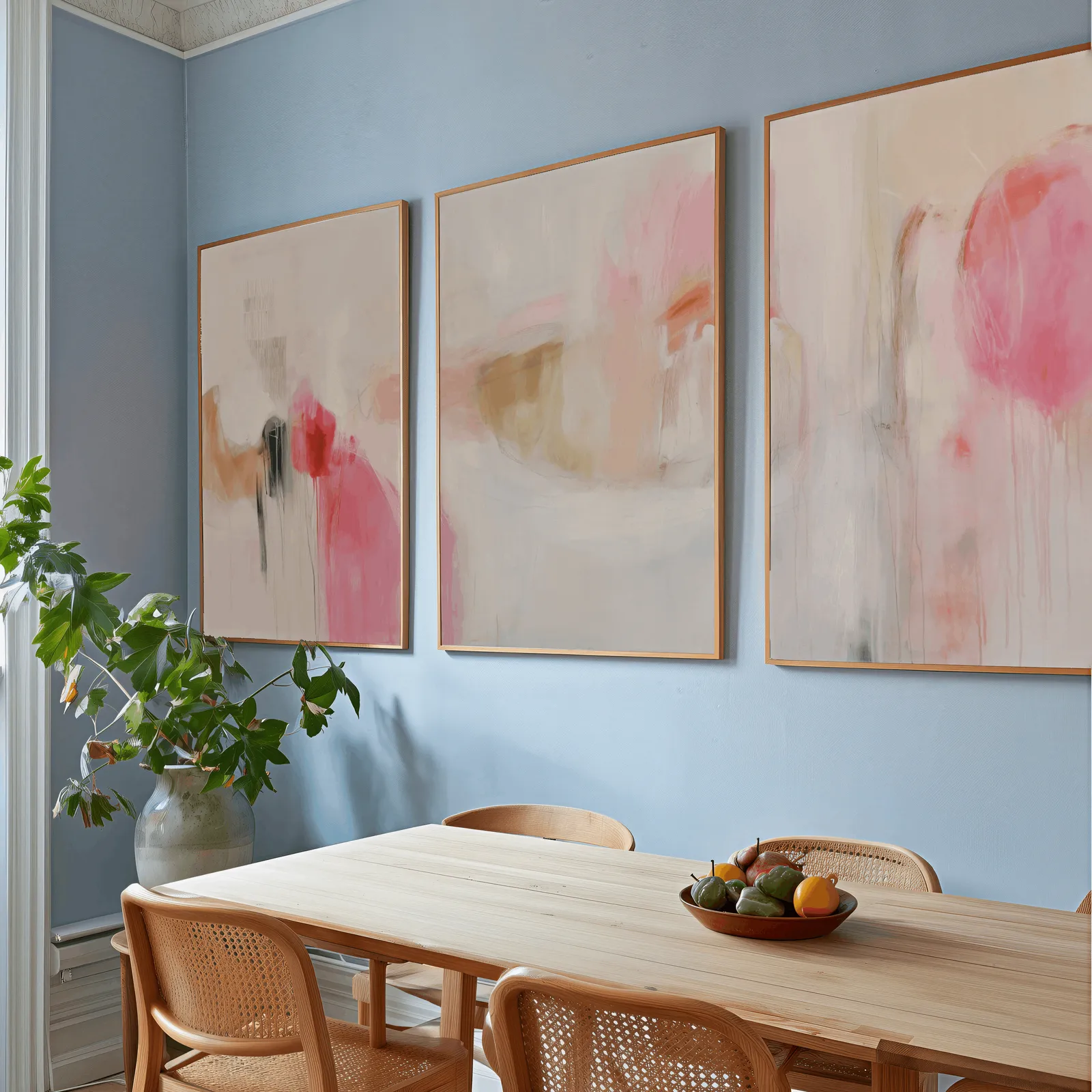 pink abstract triptych wall art set, above a wooden dining table with cane chairs and a fruit bowl