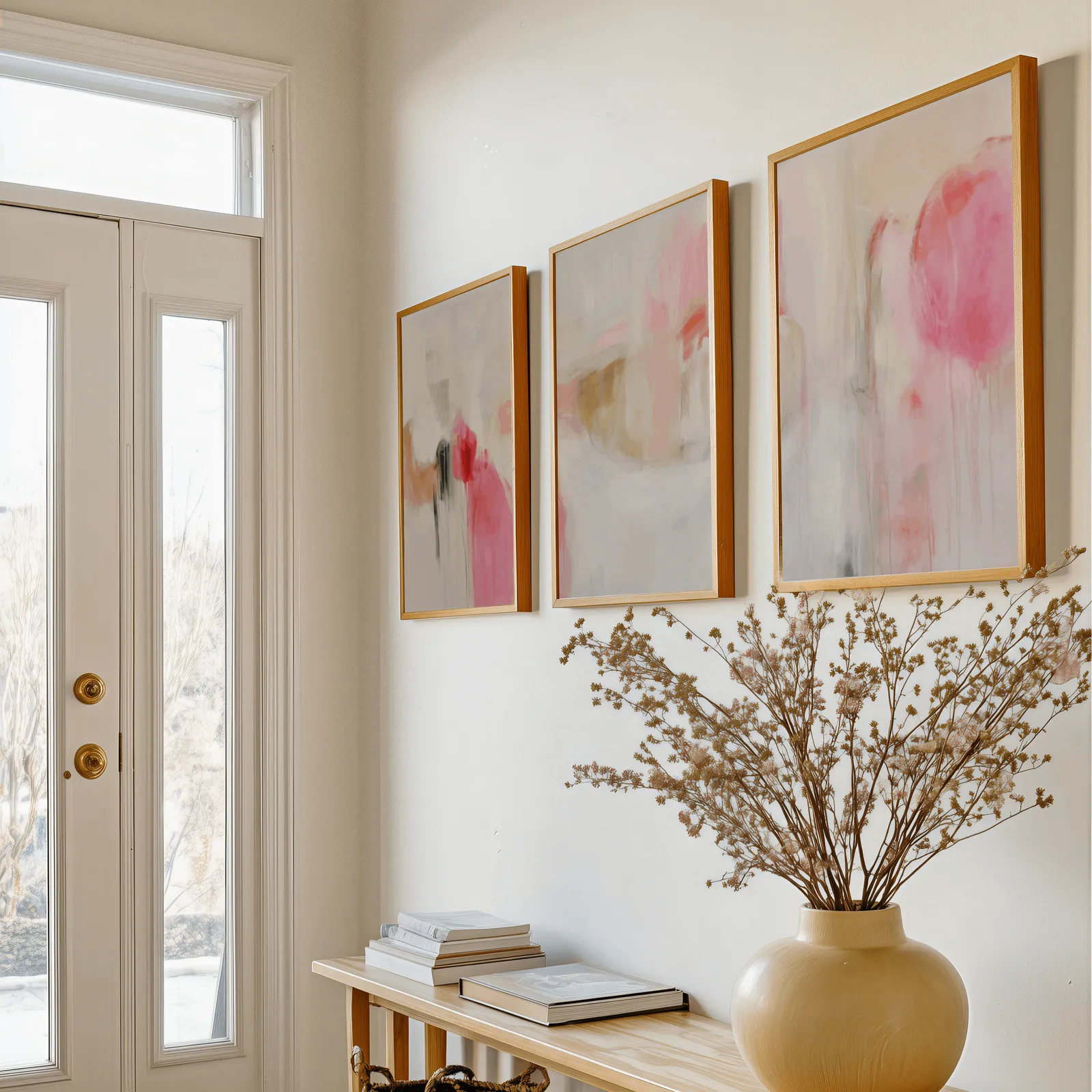 pink abstract triptych wall art set, above a console table with a yellow vase of dried branches