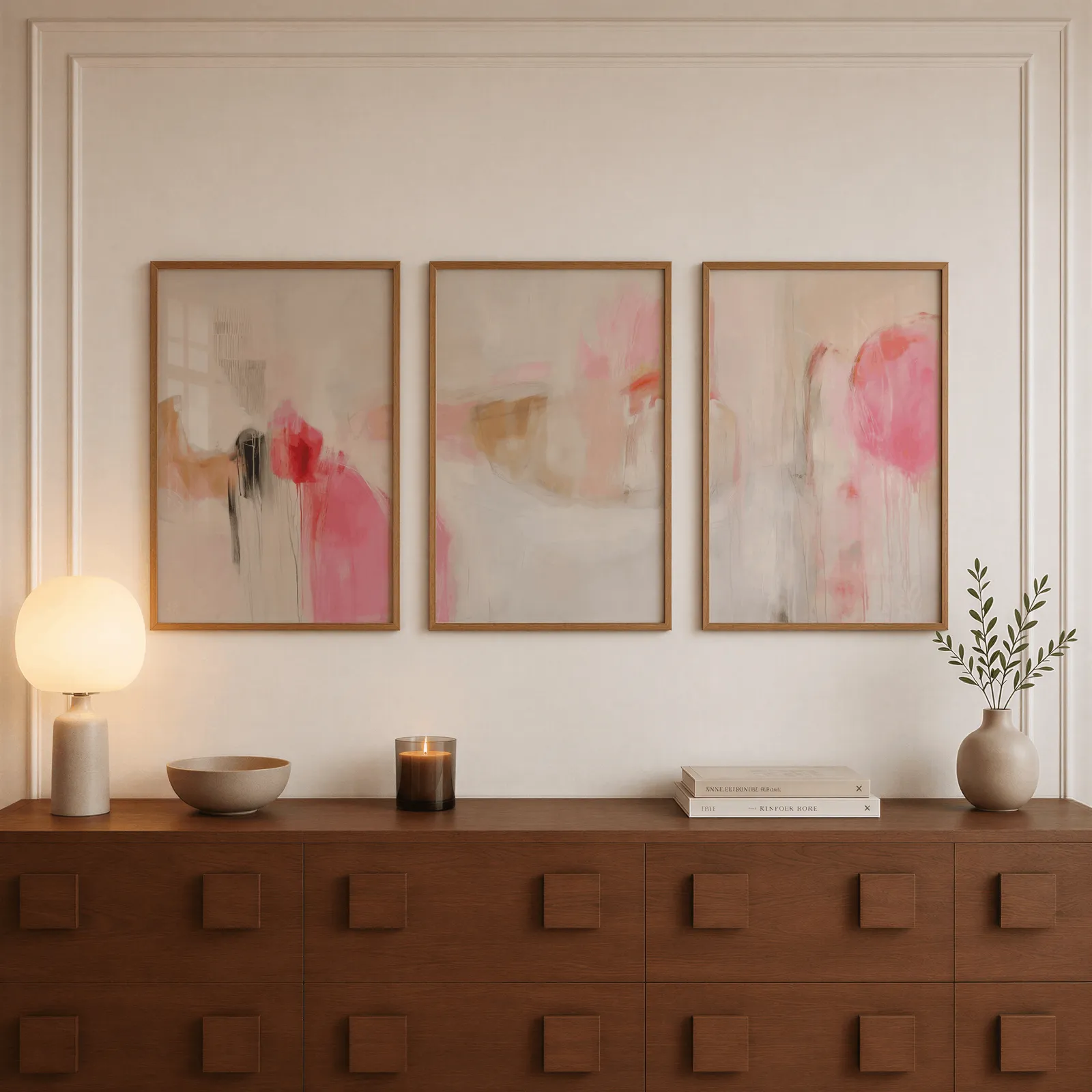 pink abstract triptych wall art set, above a walnut sideboard with a lit candle and glowing lamp