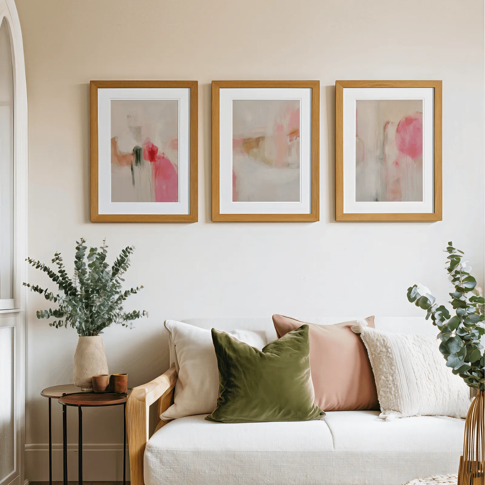 pink abstract triptych wall art set, above a cream sofa piled with olive and blush pillows