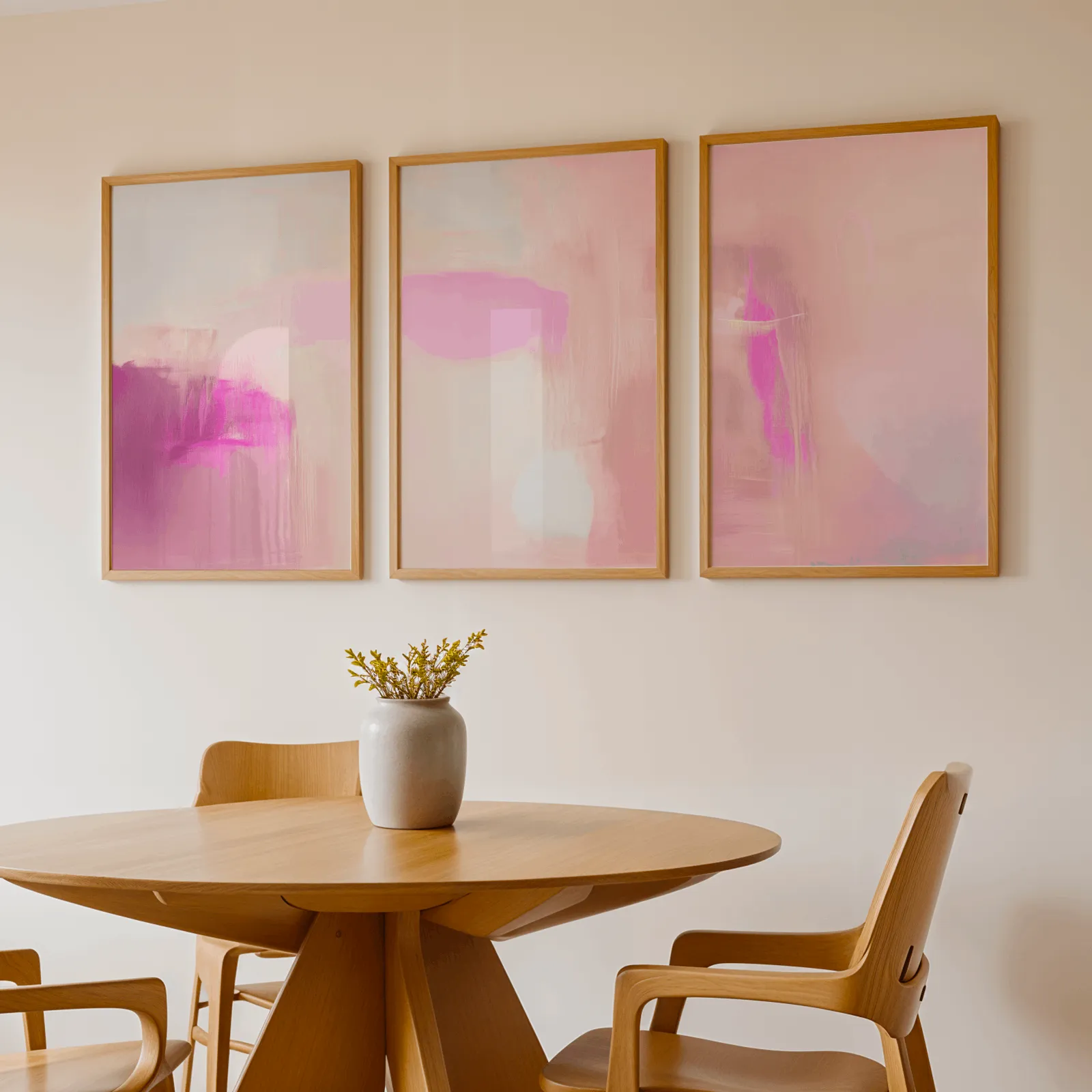 pink abstract set of 3 wall art, above a round wooden table with a stoneware vase