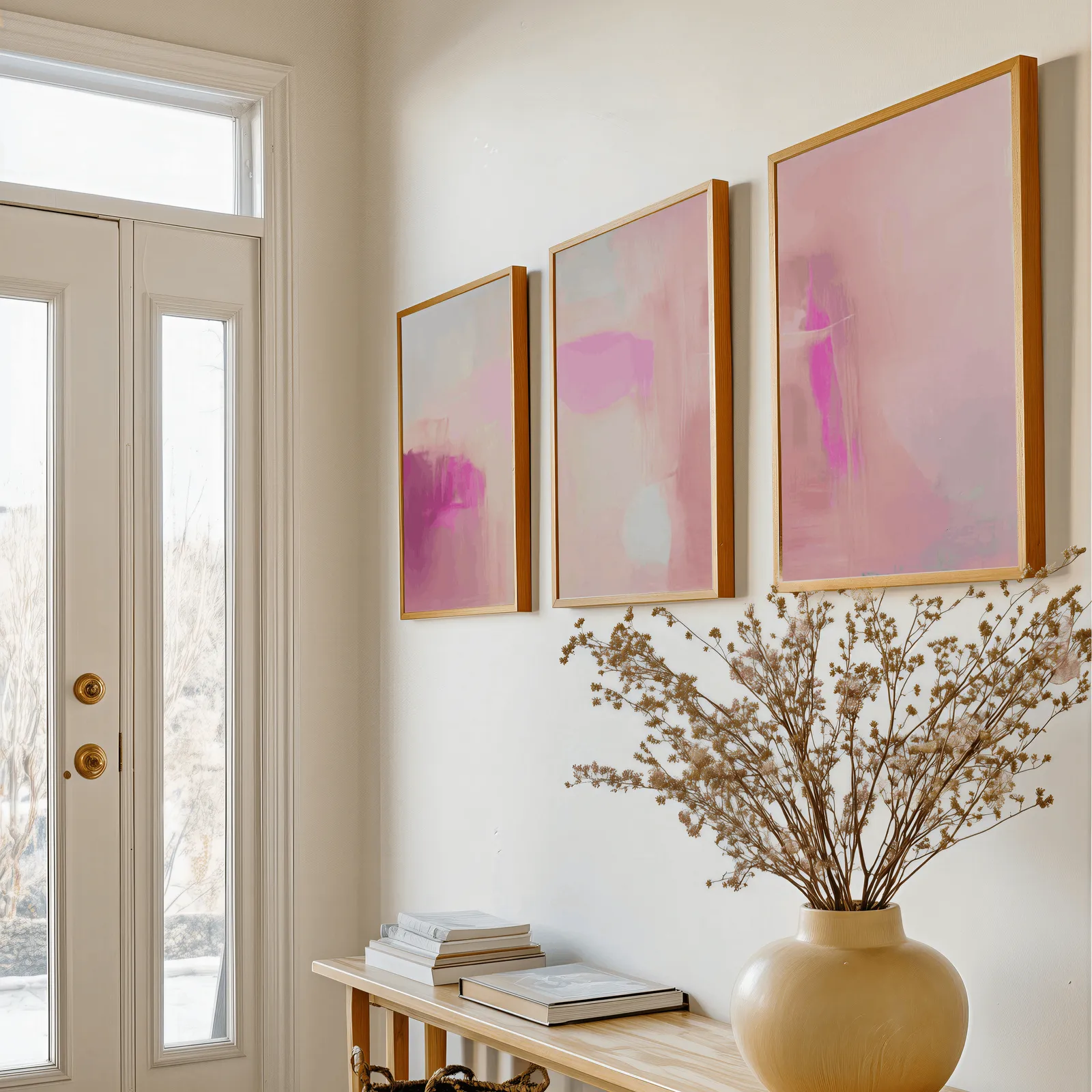 pink abstract set of 3 wall art, above a console table with a yellow vase of dried branches