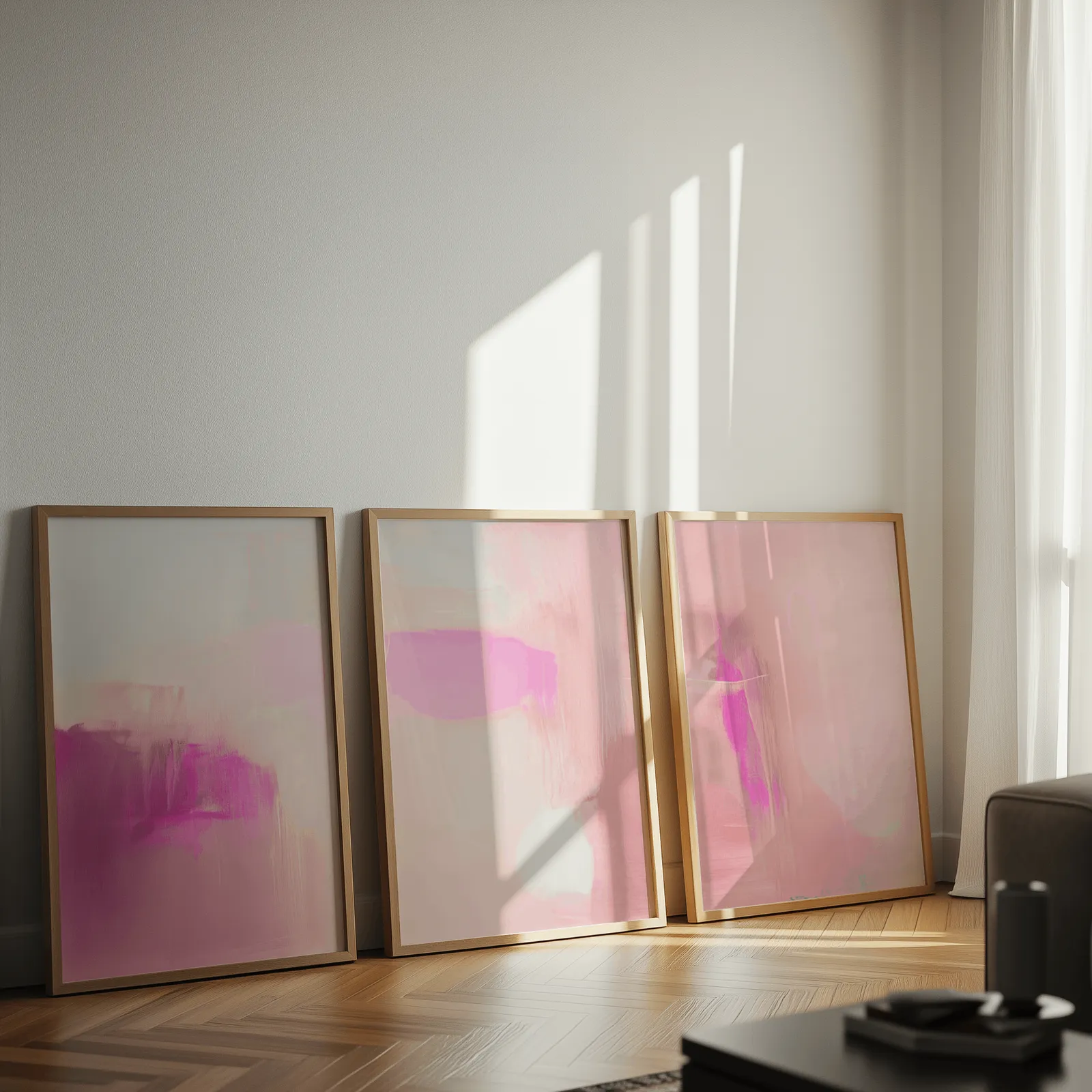 pink abstract set of 3 wall art, leaning against a sunlit wall on herringbone flooring