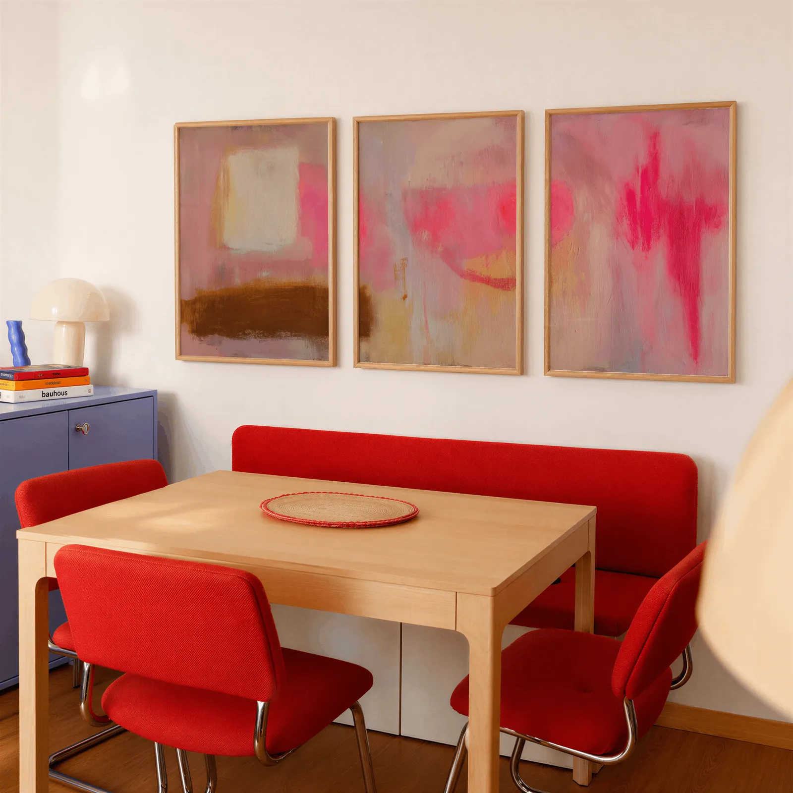 pink abstract wall art set of 3, above a red banquette bench beside a lavender cabinet