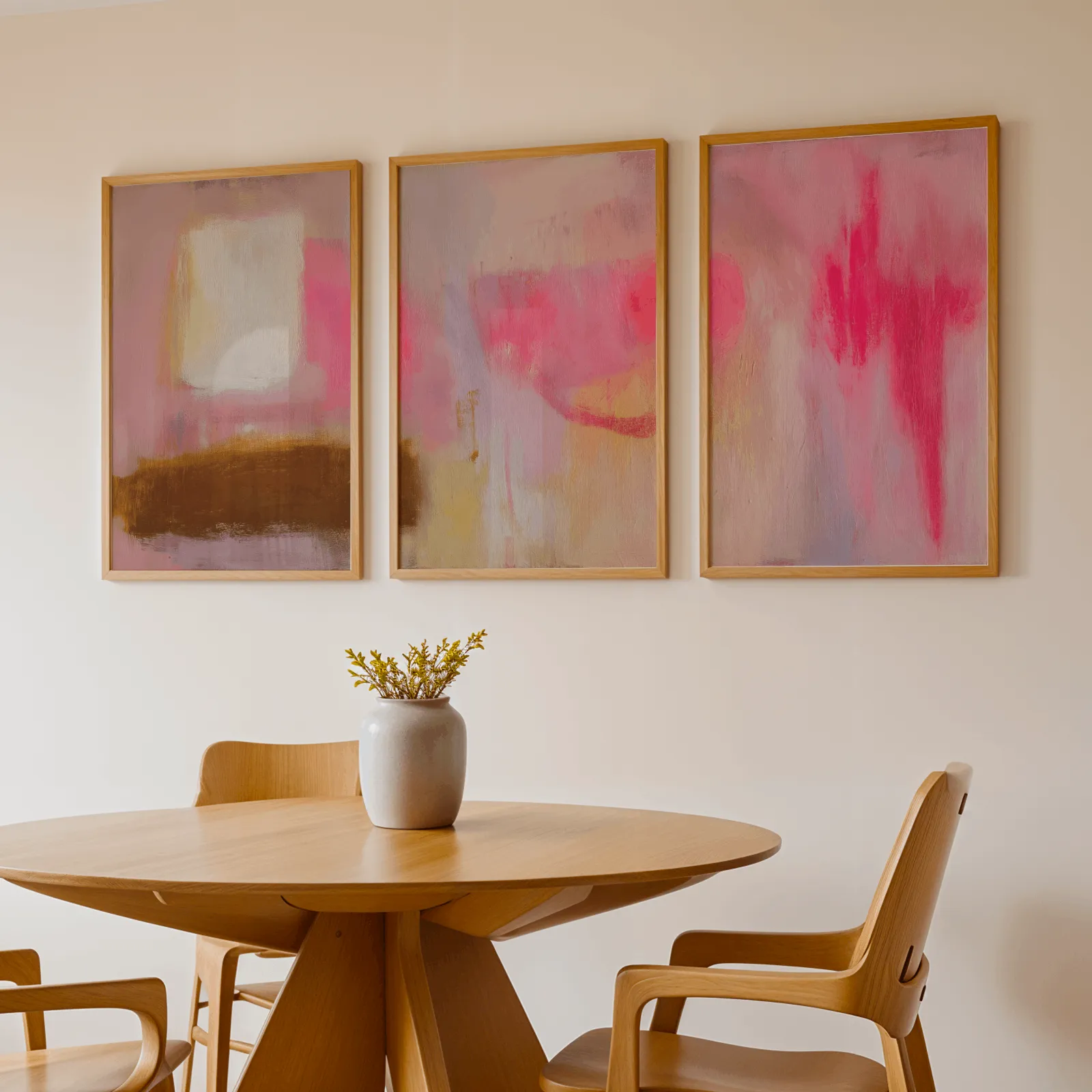 pink abstract wall art set of 3, above a round wooden table with a stoneware vase