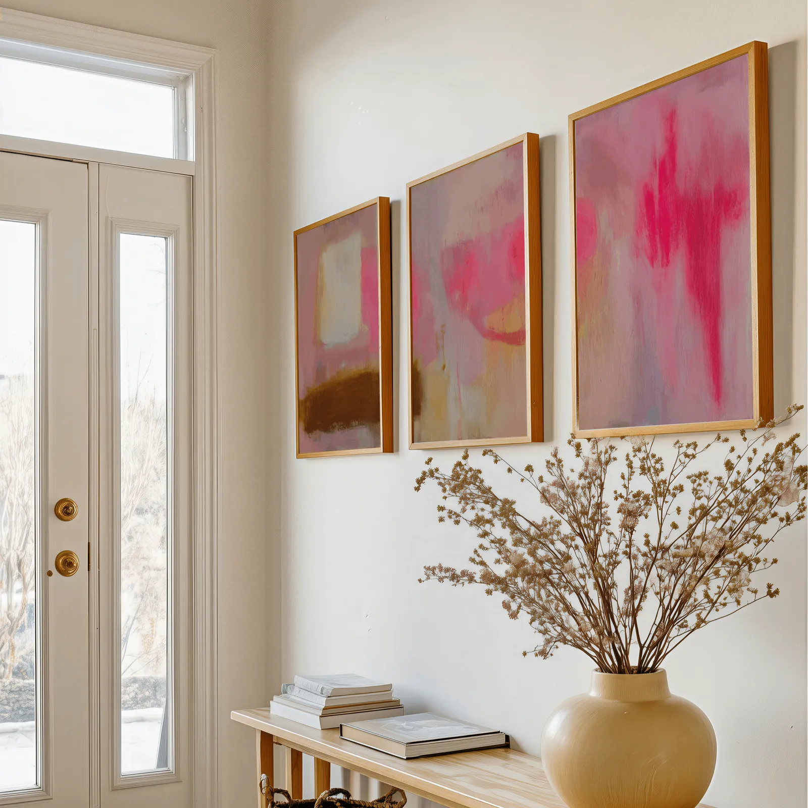 pink abstract wall art set of 3, above a console table with a yellow vase of dried branches