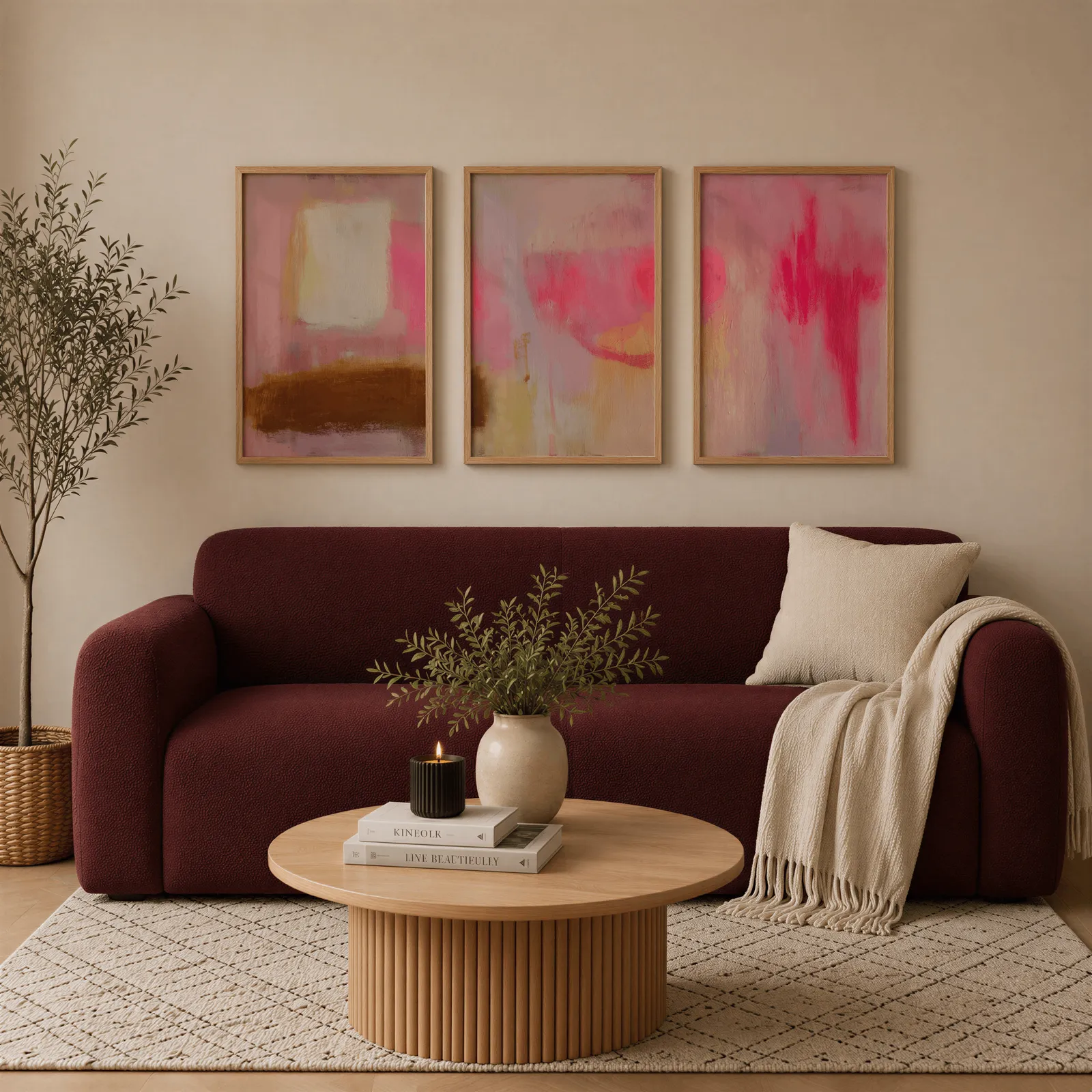 pink abstract wall art set of 3, above a burgundy boucle sofa with a cream throw