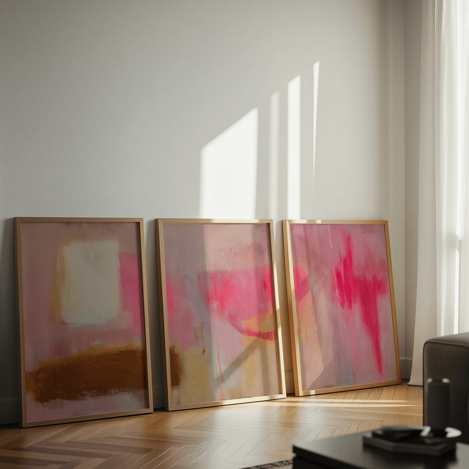 pink abstract wall art set of 3, leaning against a sunlit wall on herringbone flooring