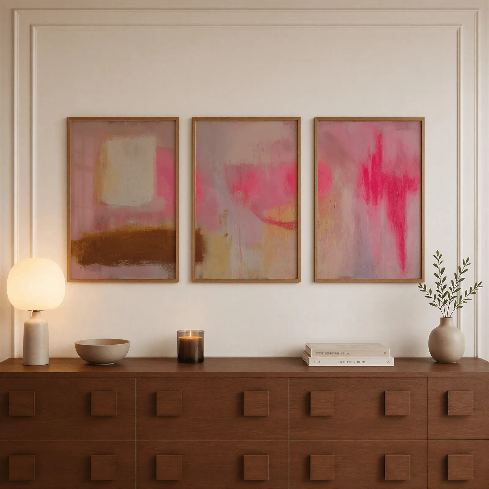 pink abstract wall art set of 3, above a walnut sideboard with a lit candle and glowing lamp