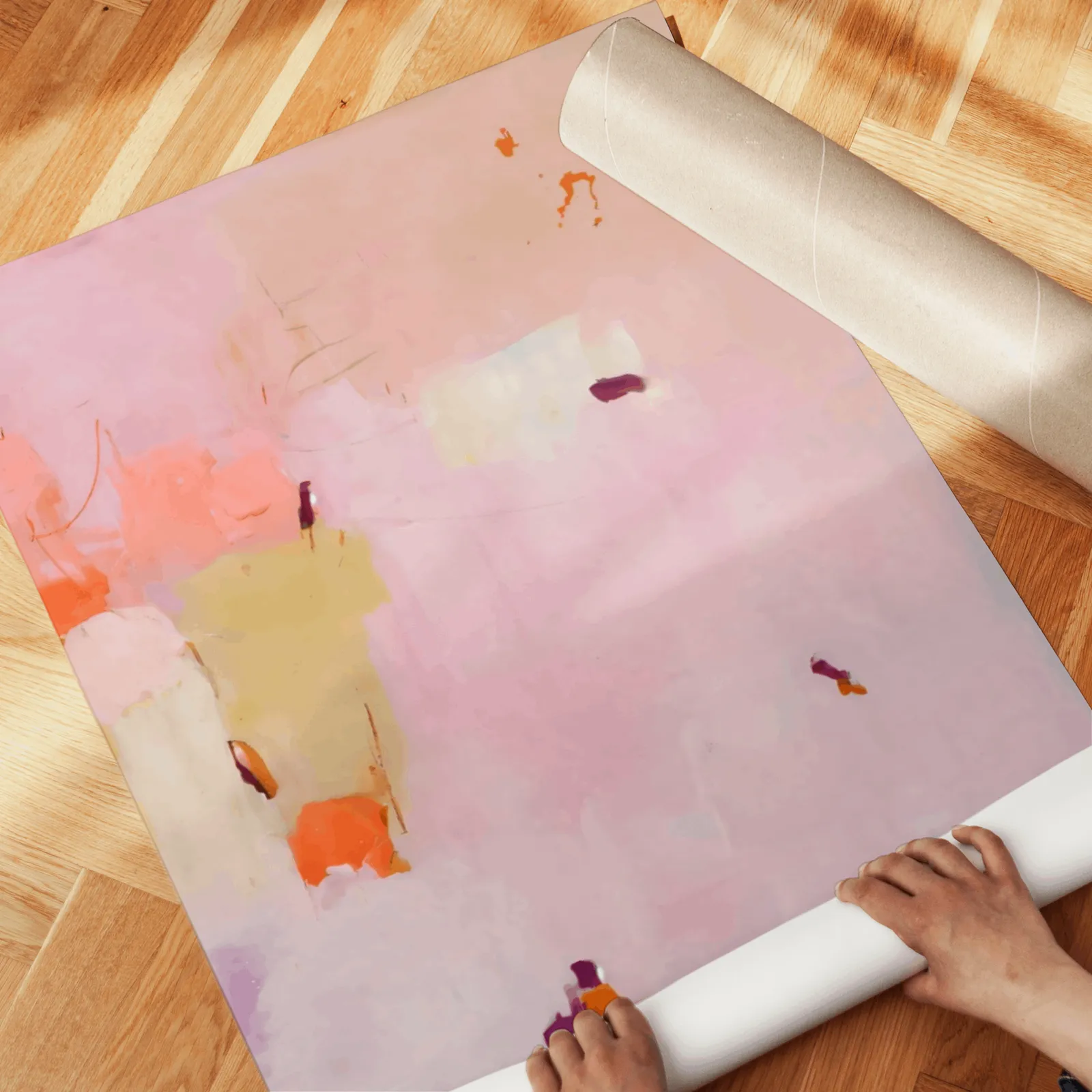 pink abstract wall art set of two, unrolled across a herringbone parquet floor by hand